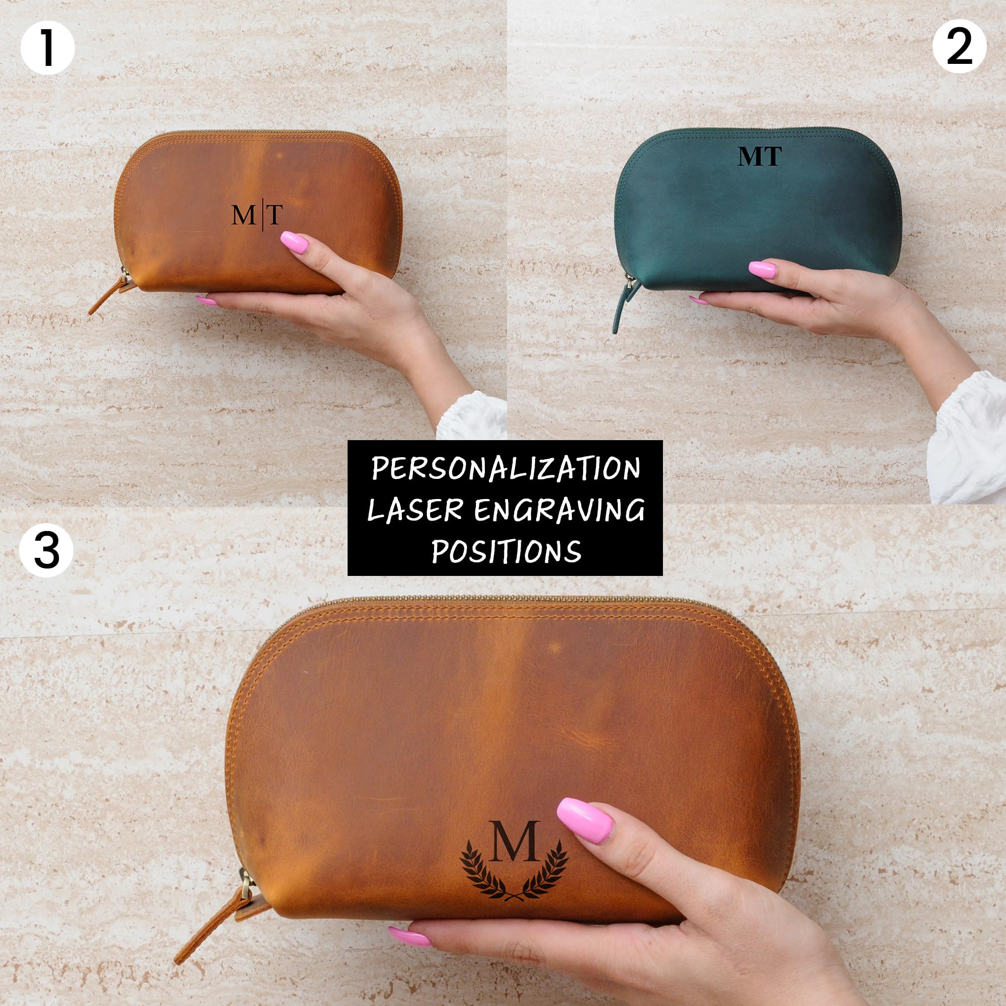 Handmade Leather Makeup Bag for Women - Customizable Travel Cosmetic Pouch for Toiletries & Essentials - Dark Brown Leather Gift for Holidays, Birthdays & Bridal Showers - Perfect for Travel, Vacation & Daily Use