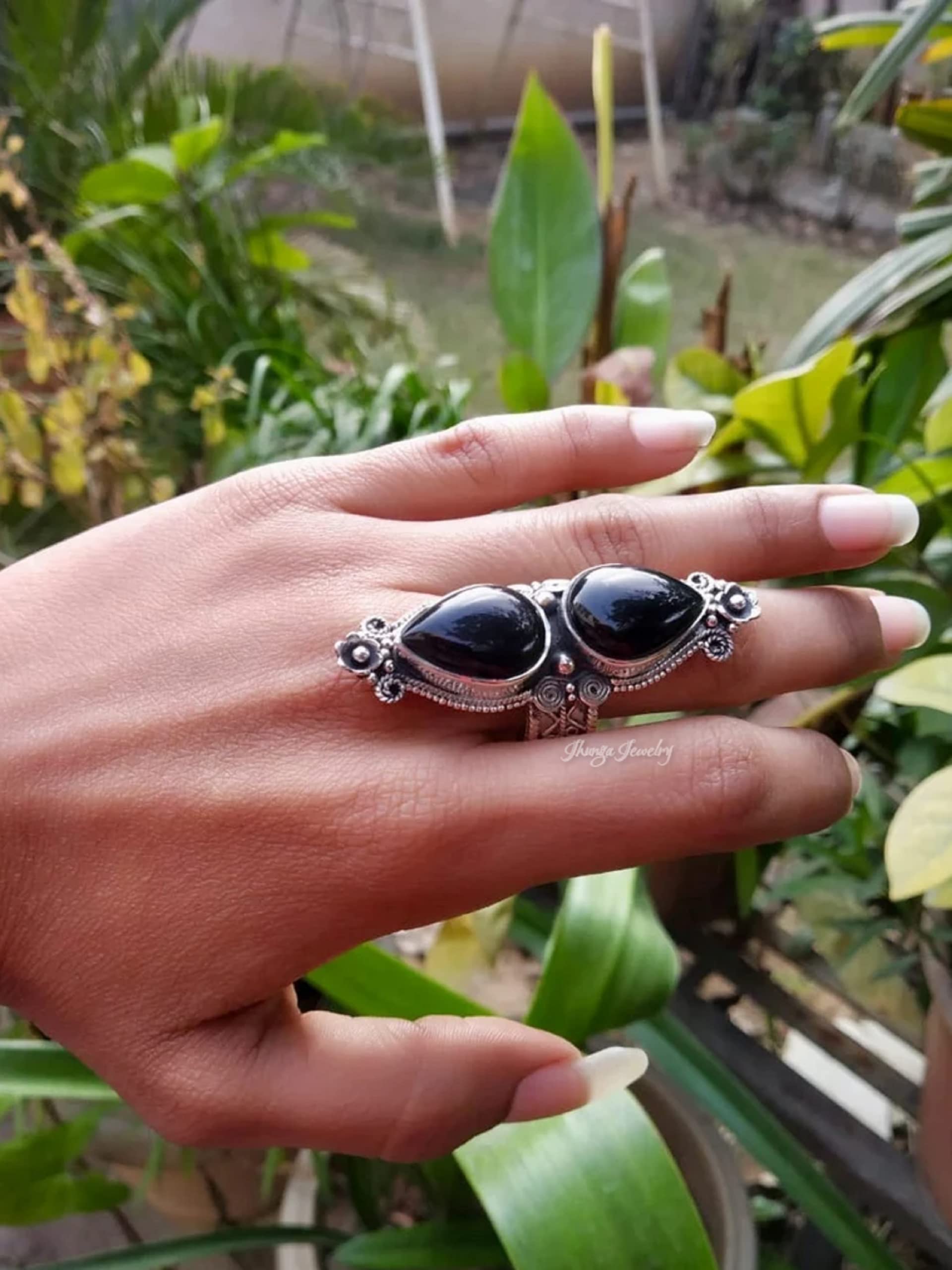 Black Onyx Ring - 925 Sterling Silver Handmade Boho Statement Ring | Artisan Designer Wedding Promise Ring | Vintage Pear Shape Onyx Silver Jewelry for Women - Perfect for Boho Chic, Evening Wear & Special Occasions