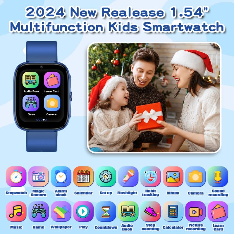 Smart Watch for Kids Ages 4-12 - HD Touch Screen with Puzzle Games, Habit Tracking, Audio Books & Learning Cards | Pedometer, Camera & Alarm Clock | Perfect Educational Birthday Gift for Boys & Girls (Blue) - Ideal for School, Outdoor Activities & Daily Learning