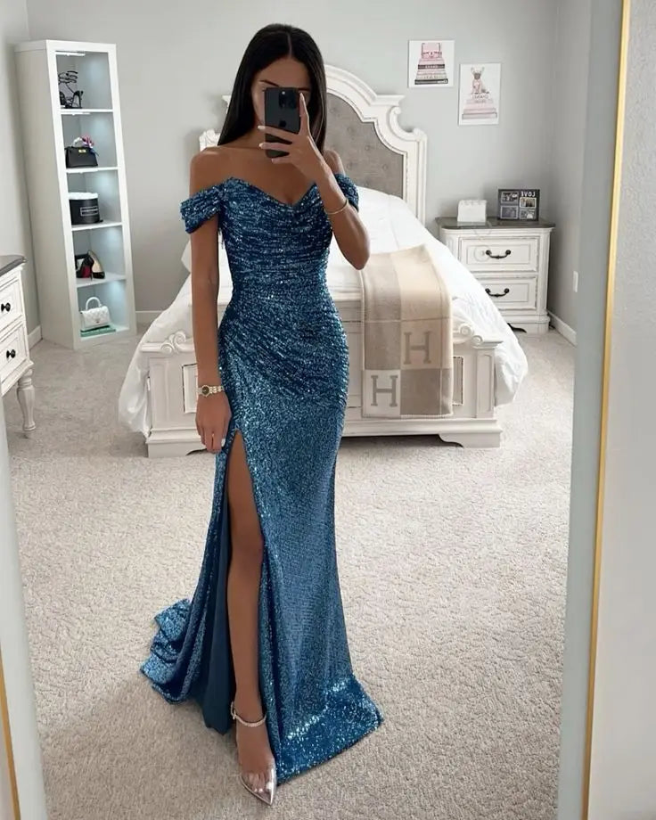 Elegant Off Shoulder Sequin Mermaid Maxi Dress for Women | 2025 Prom Party Evening Gown | Perfect for Formal Events, Weddings & Special Occasions