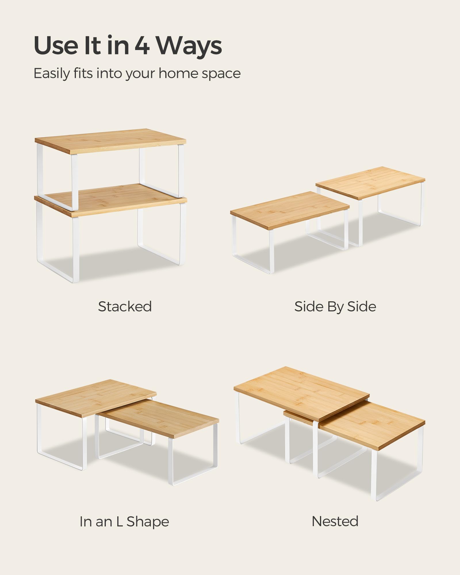 SONGMICS 4-Piece Cabinet Organizer Shelf Set - Stackable & Expandable Kitchen Storage for Spices, Utensils - Metal & Engineered Wood in Cloud White/Natural Beige (UKCS010N01) | Perfect for Pantry, Countertop & Cabinet Organization