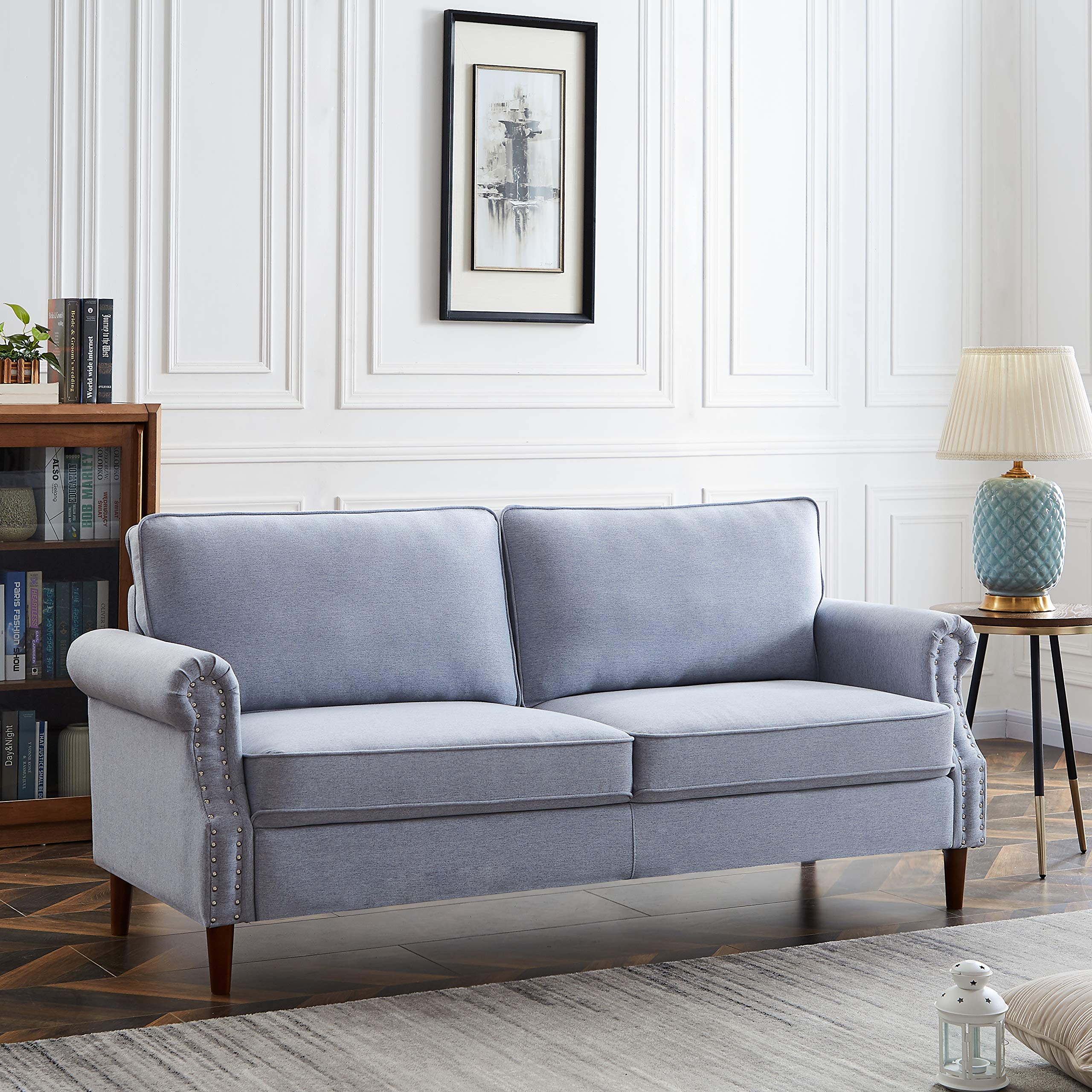 Melpomene Modern Upholstered Linen Fabric Sofa with Nailhead Trim & Roll Arms - 76.4