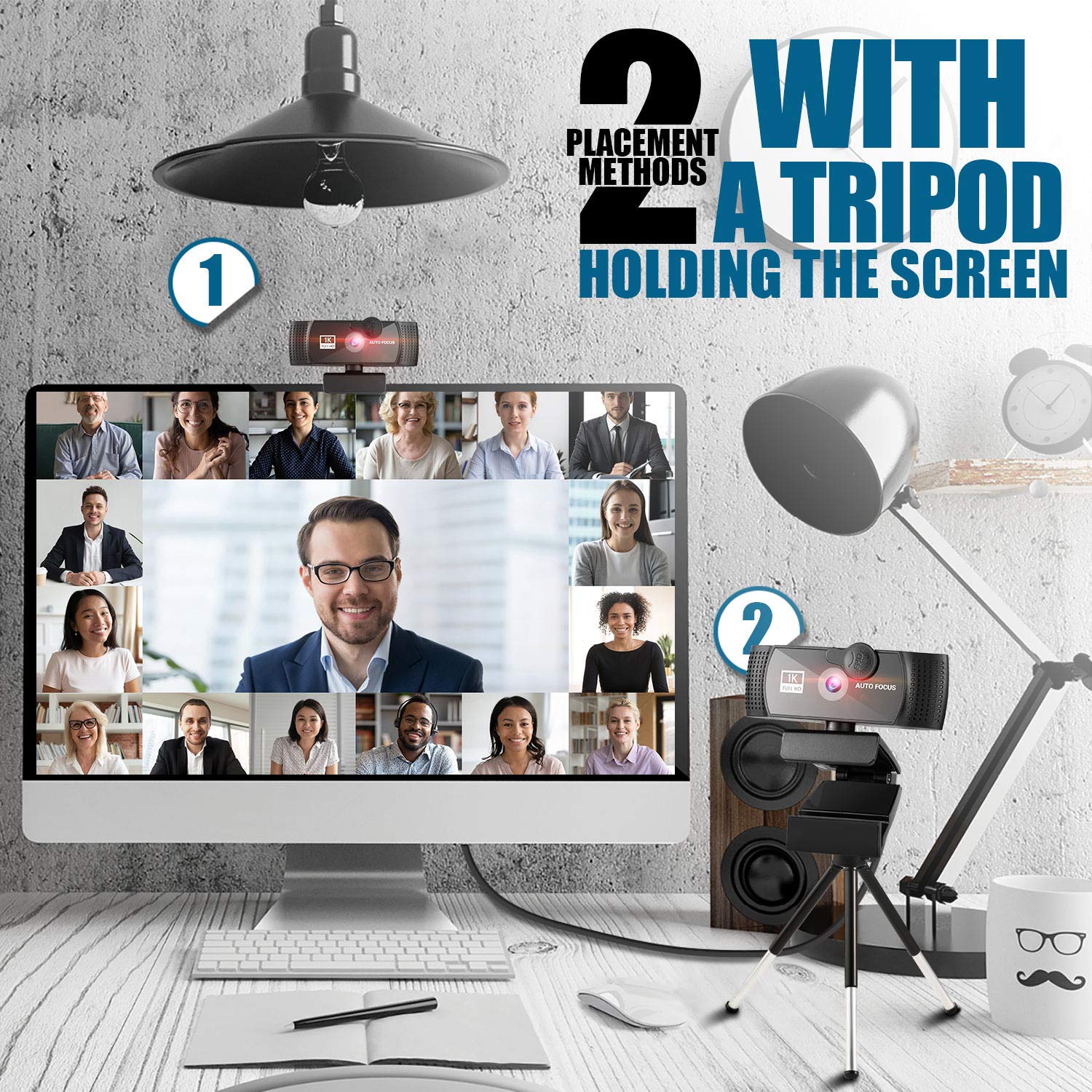 1080p Full HD Webcam with Built-in Microphone, Auto Focus & 120° Wide Angle - Tripod Stand & Privacy Cover Included for Zoom, Skype, FaceTime - Perfect for Video Conferencing, Online Classes & Remote Work