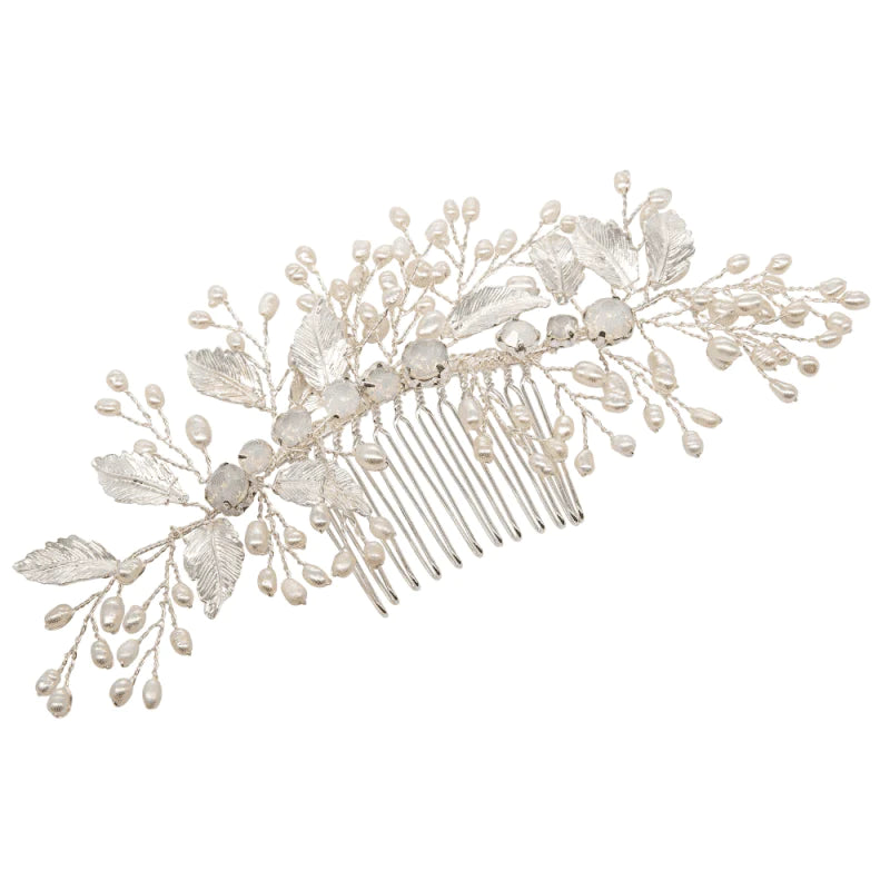 Elegant Silver Bridal Hair Comb with Opals and Pearls - Handcrafted Wedding Hair Accessory for Brides, Prom, and Special Occasions