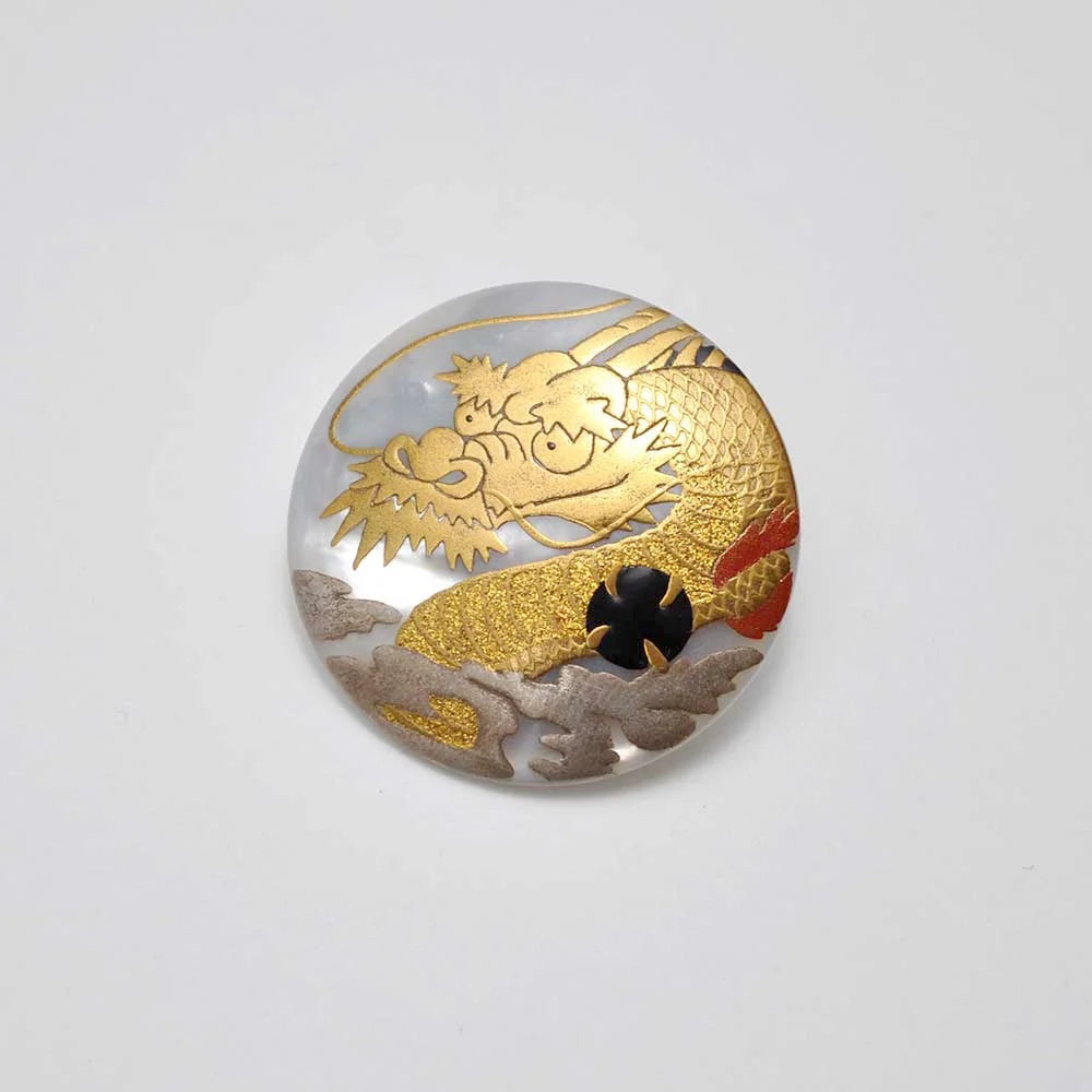 Exquisite Japanese Maki-e Urushi Lacquer Brooch with White South Sea Pearl Shell & Dragon Design - Traditional Handcrafted Jewelry for Women - Perfect for Formal Occasions, Weddings & Cultural Events