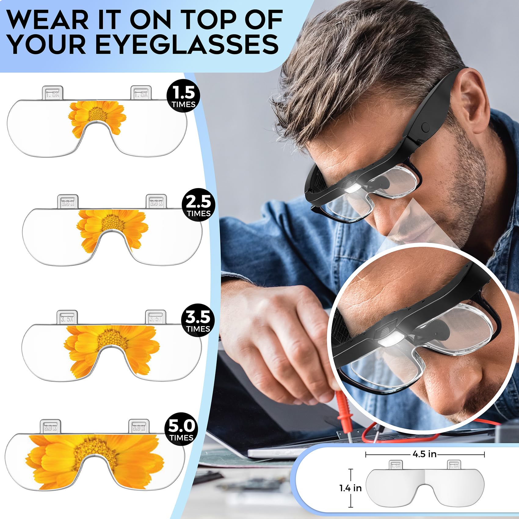 Rechargeable LED Magnifying Glasses 1.5X-5.0X with 4 Detachable Lenses - Hands-Free Head Magnifier for Reading, Jewelry Making, Watch Repair & Close Work - Ideal for Seniors, Hobbyists & Professionals