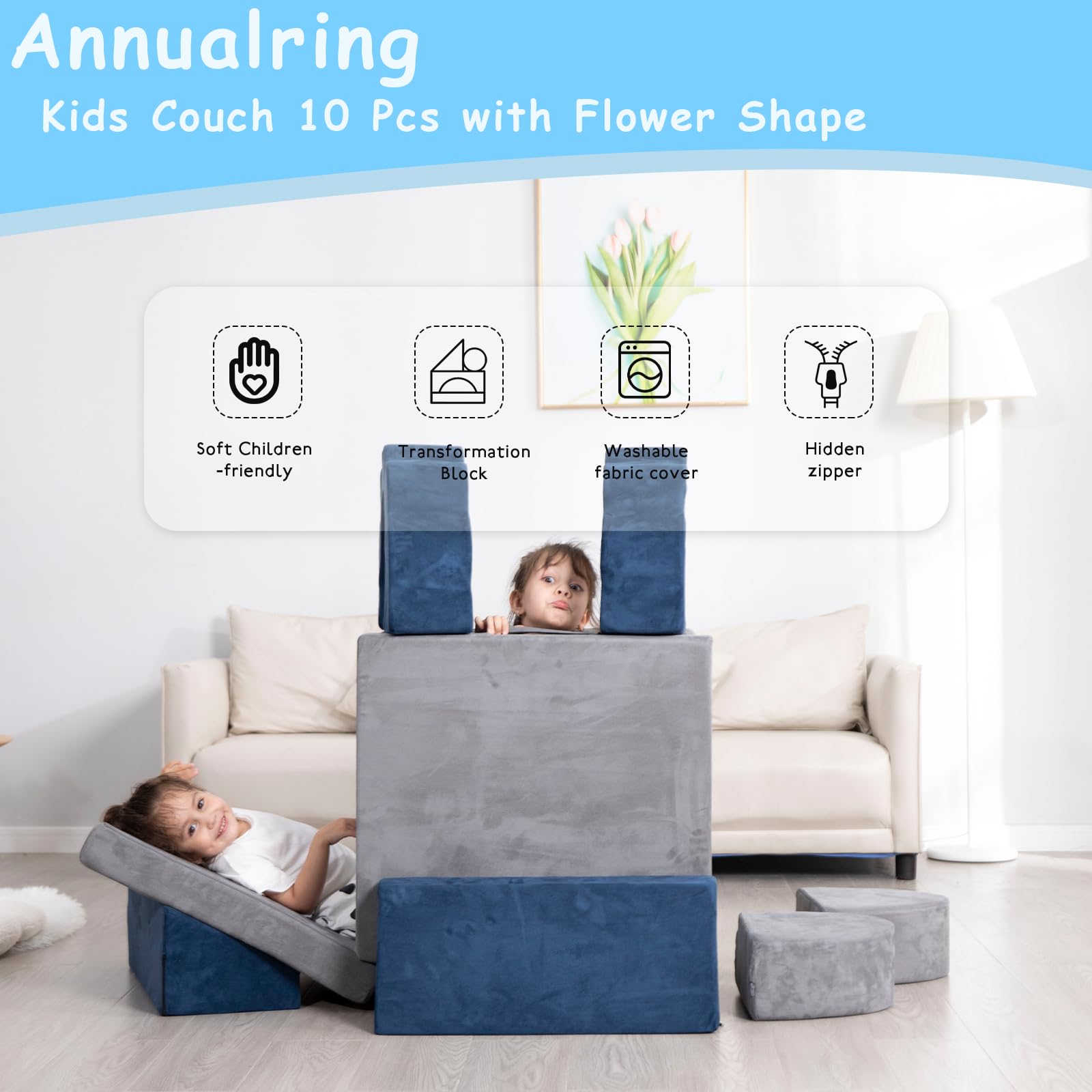**10-Piece Modular Kids Play Couch - Foldable Toddler Foam Sofa with Flower-Shaped Climbing Blocks | Convertible Playroom & Bedroom Furniture for Creative Boys & Girls | Perfect for Indoor Play, Climbing, and Imaginative Fun**