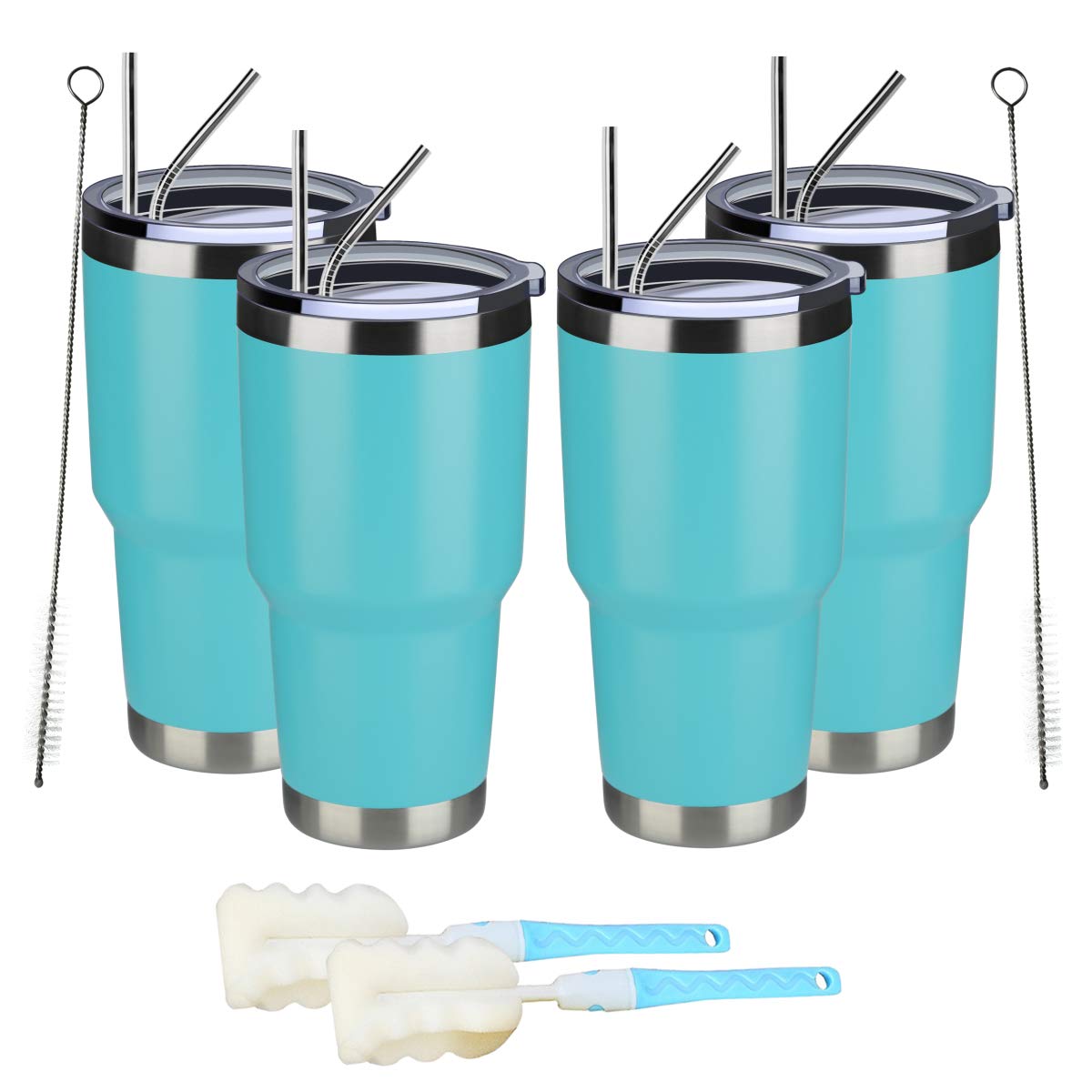 MEWAY 30oz Stainless Steel Vacuum Insulated Tumbler with Lid & Straw - Double Wall Coffee Cup for Hot & Cold Drinks - Powder Coated Travel Mug for Office, Gym, Camping & Outdoor Activities (Light Blue, 4 Pack)