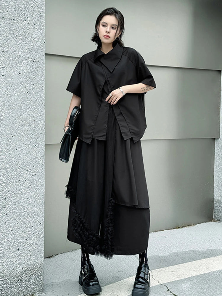 Oversized Black Asymmetrical Mesh Pantsuit Set - Fashionable Lapel Short Sleeve Two Piece Outfit for Women | Spring Summer 2025 Trendy Streetwear | Perfect for Casual Wear, Night Out & Fashion Events