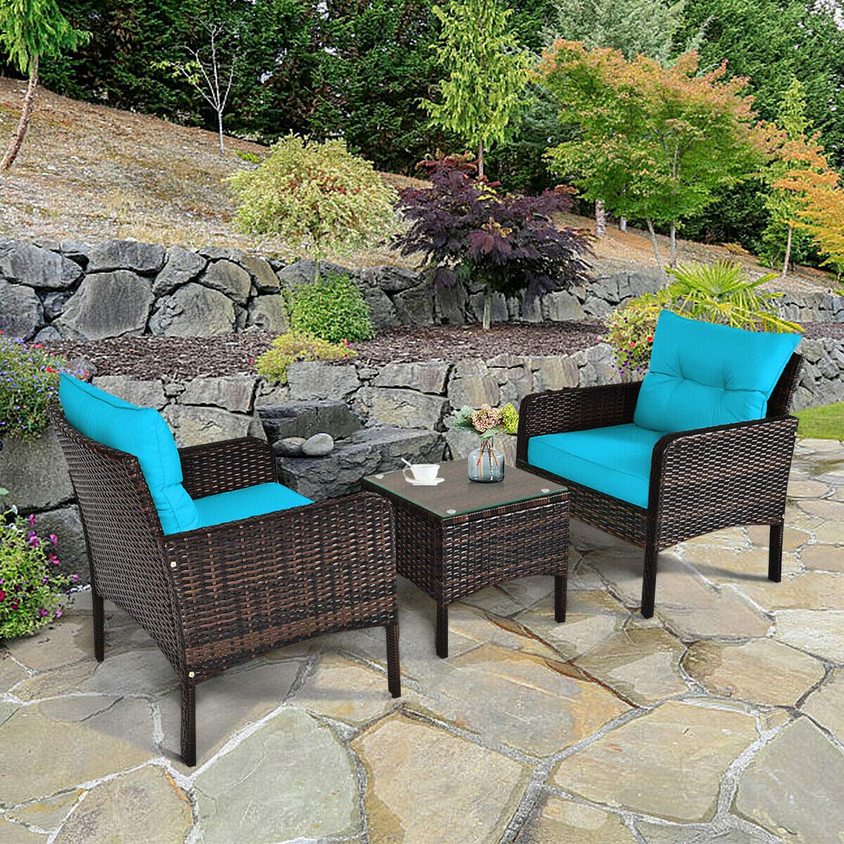 HappyGrill 3-Piece Outdoor Patio Furniture Set - Rattan Wicker Coffee Table & Chairs with Cushions - Weather-Resistant Garden, Balcony, Backyard & Poolside Conversation Set for Relaxing & Entertaining