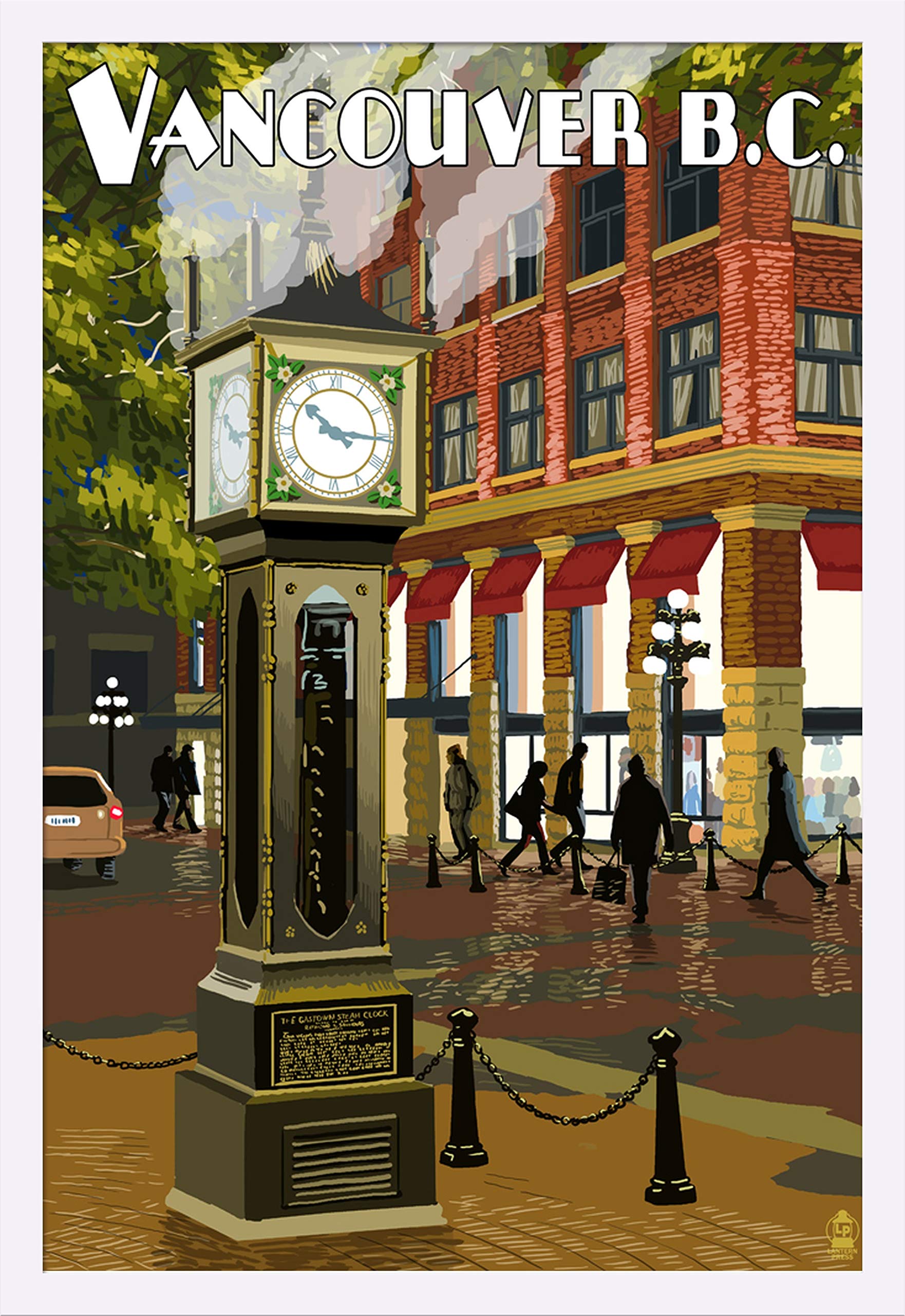 Vancouver BC Canada Steam Clock 41401 - 24x36 Giclee Art Print, White Wood Gallery Frame - Perfect for Home & Office Wall Decor
