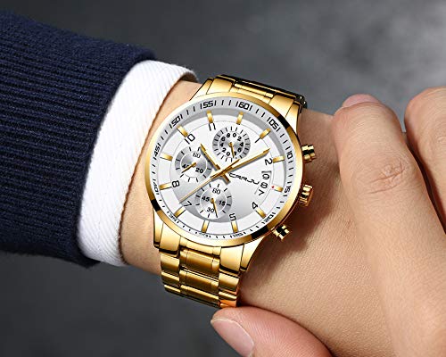 CRRJU Men's Stainless Steel Chronograph Watch with Date Display - Waterproof Fashion Wristwatch for Business, Casual & Outdoor Activities