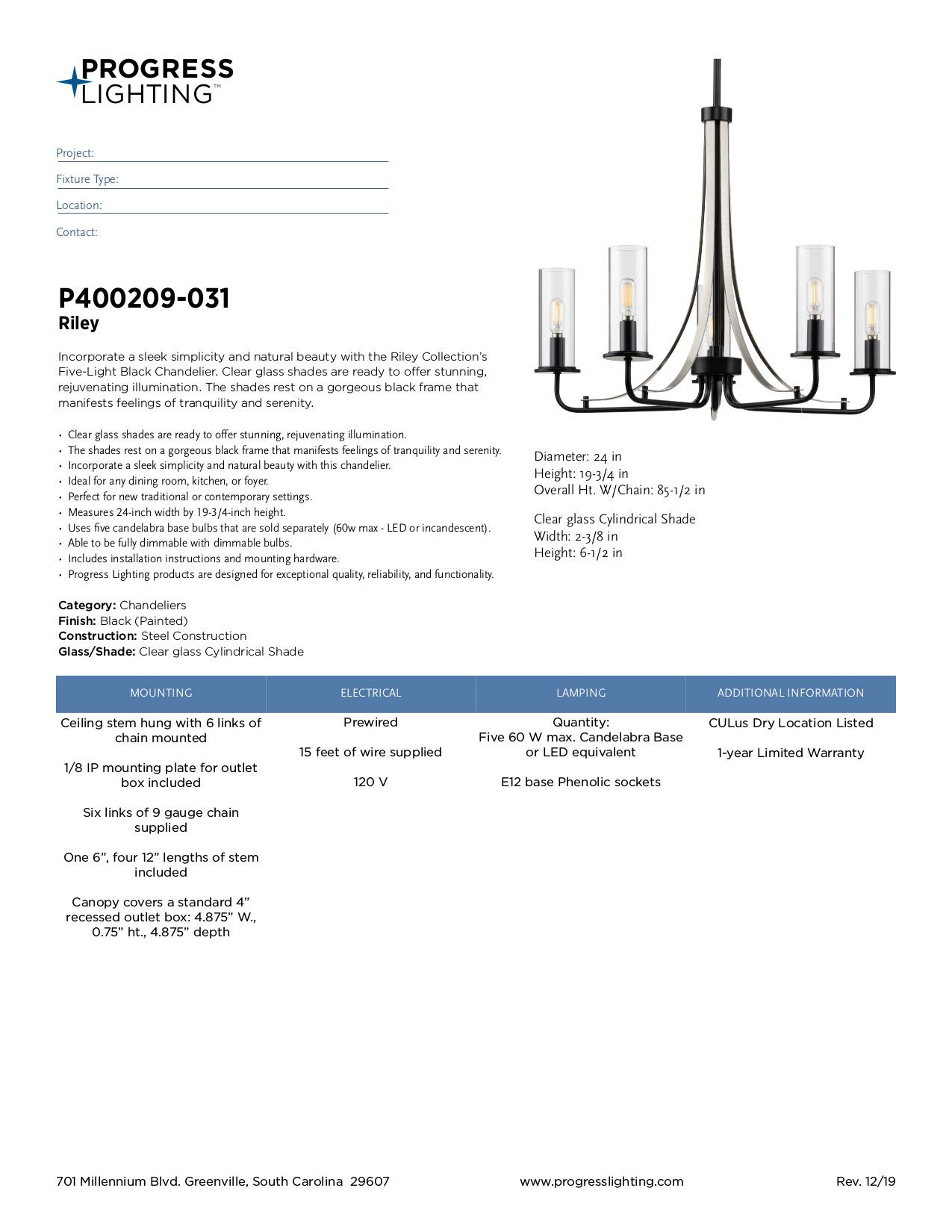 Progress Lighting Riley Collection 5-Light Clear Glass Traditional Chandelier in Matte Black - Perfect for Dining Room, Foyer & Bedroom Lighting