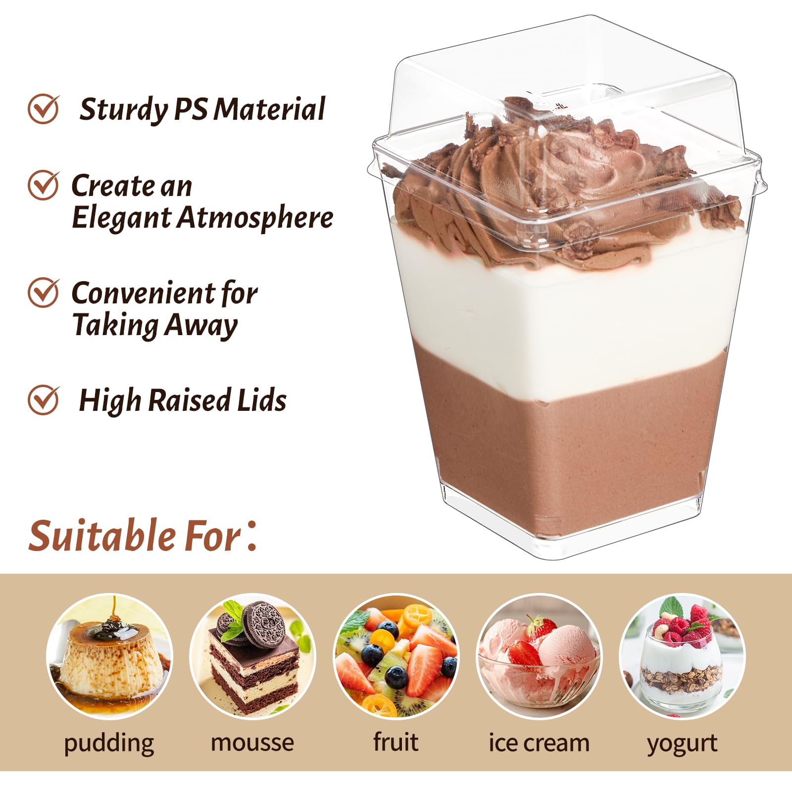50 Pack 5 oz Clear Plastic Dessert Cups with Lids & Spoons - Square Mini Parfait Cups for Pudding, Jello, Fruit, Appetizers | Party Serving, Catering, Events, Picnics, Home Entertaining