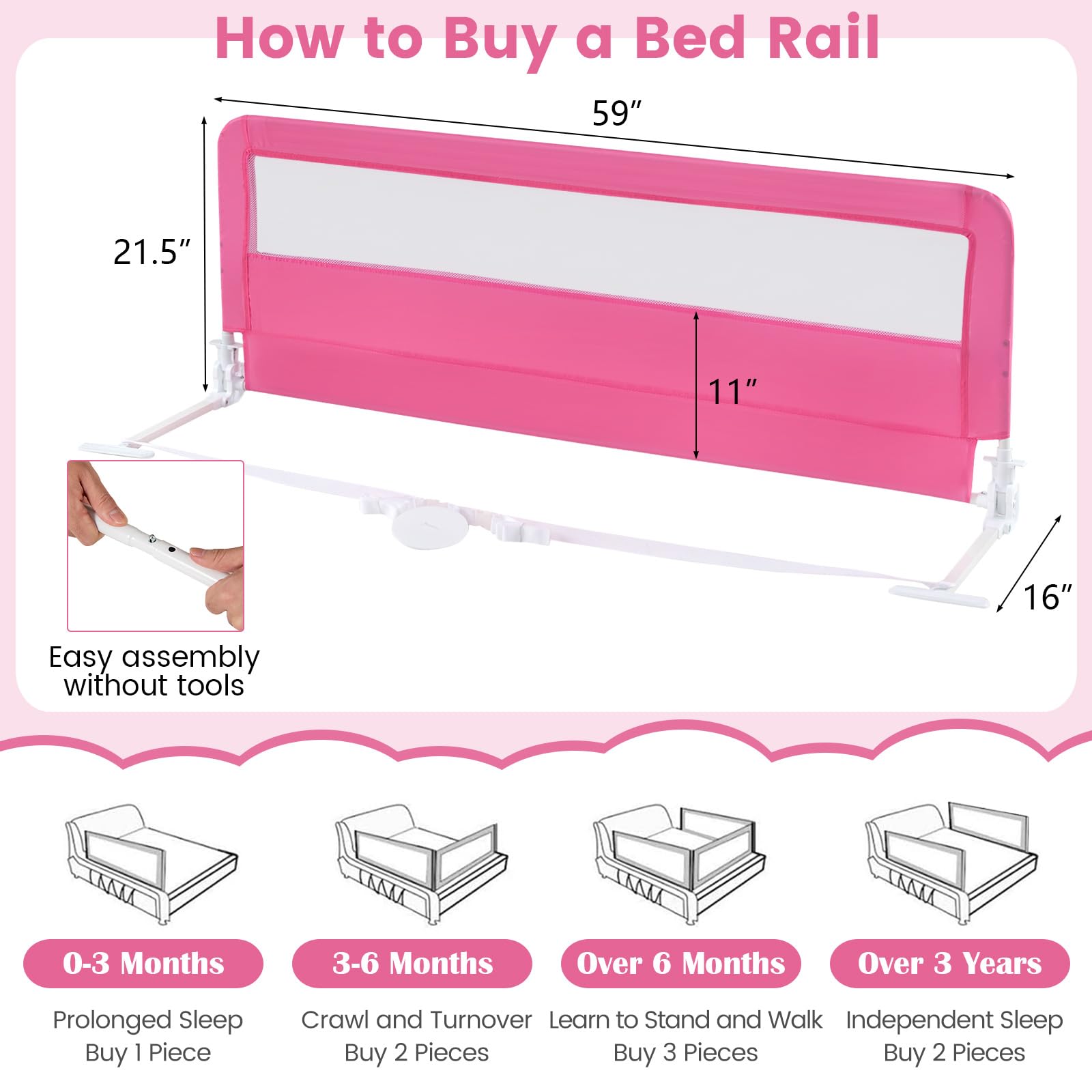 **HONEY JOY 59-inch Extra Long Toddler Bed Rail – Portable Safety Guardrail with Double Child Lock, Foldable Baby Bed Rail for King, Queen, Full & Twin Mattresses (Pink, 2 Pack) – Perfect for Travel, Daycare & Home Safety**