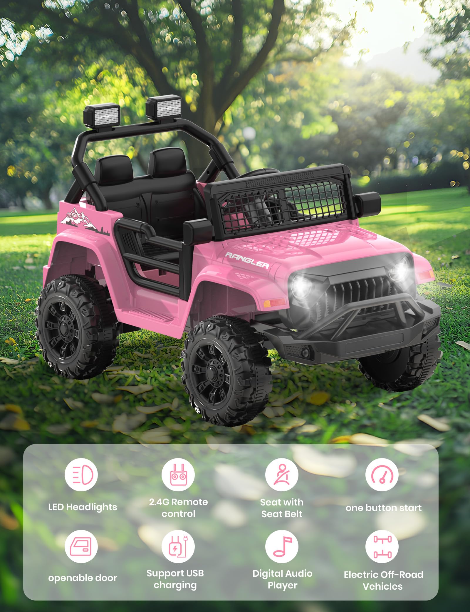 12V Kids Electric Ride-On Truck Car - Pink Off-Road SUV with Parental Remote Control, Safety Belt, LED Lights & Music | Forward/Reverse Functions | Perfect Gift for Girls Ages 3-5 | Outdoor Play, Backyard Fun & Birthday Presents