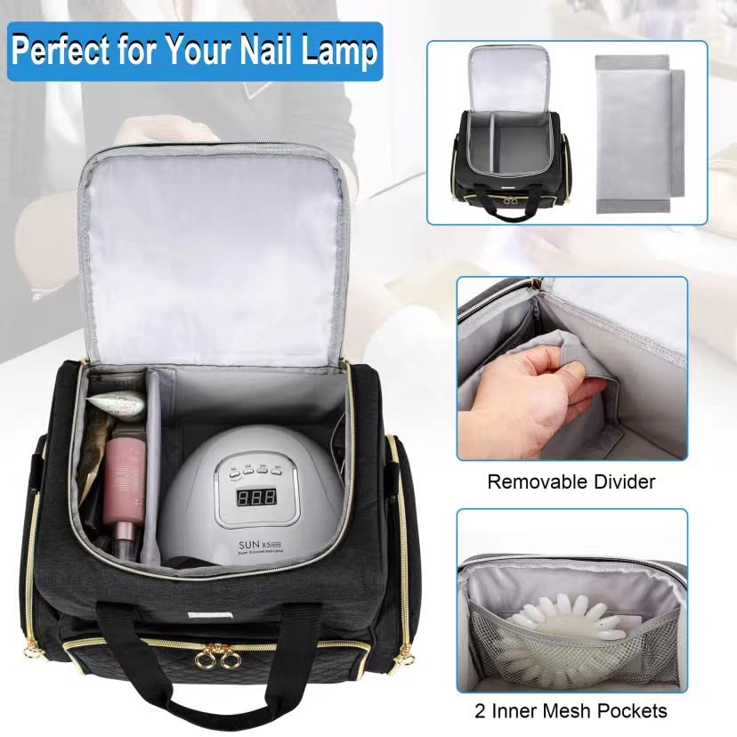 Professional 80-Bottle Nail Polish Organizer with Nail Lamp Holder & 2 Removable Bags - Portable Nail Technician Storage Case for Salon Supplies (Black) | Perfect for Mobile Nail Artists & At-Home Manicures