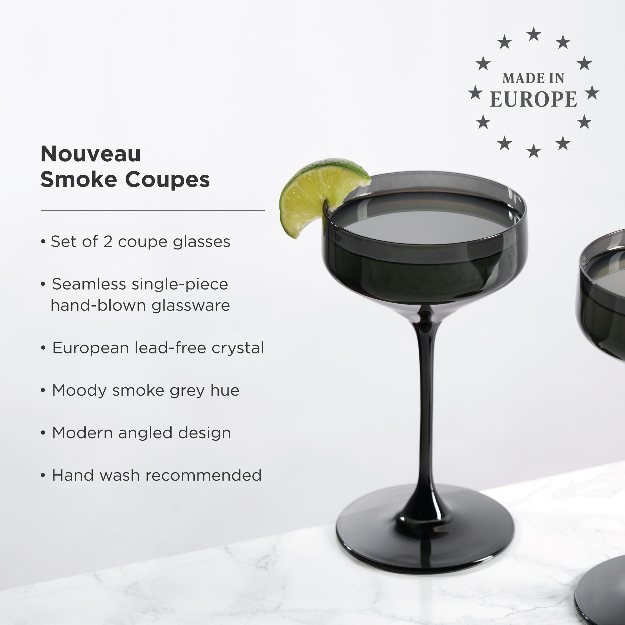 Premium Reserve Nouveau Crystal Coupe Glasses - Elegant Smoke-Colored Set of 2 - Perfect for Cocktails, Champagne & Special Occasions