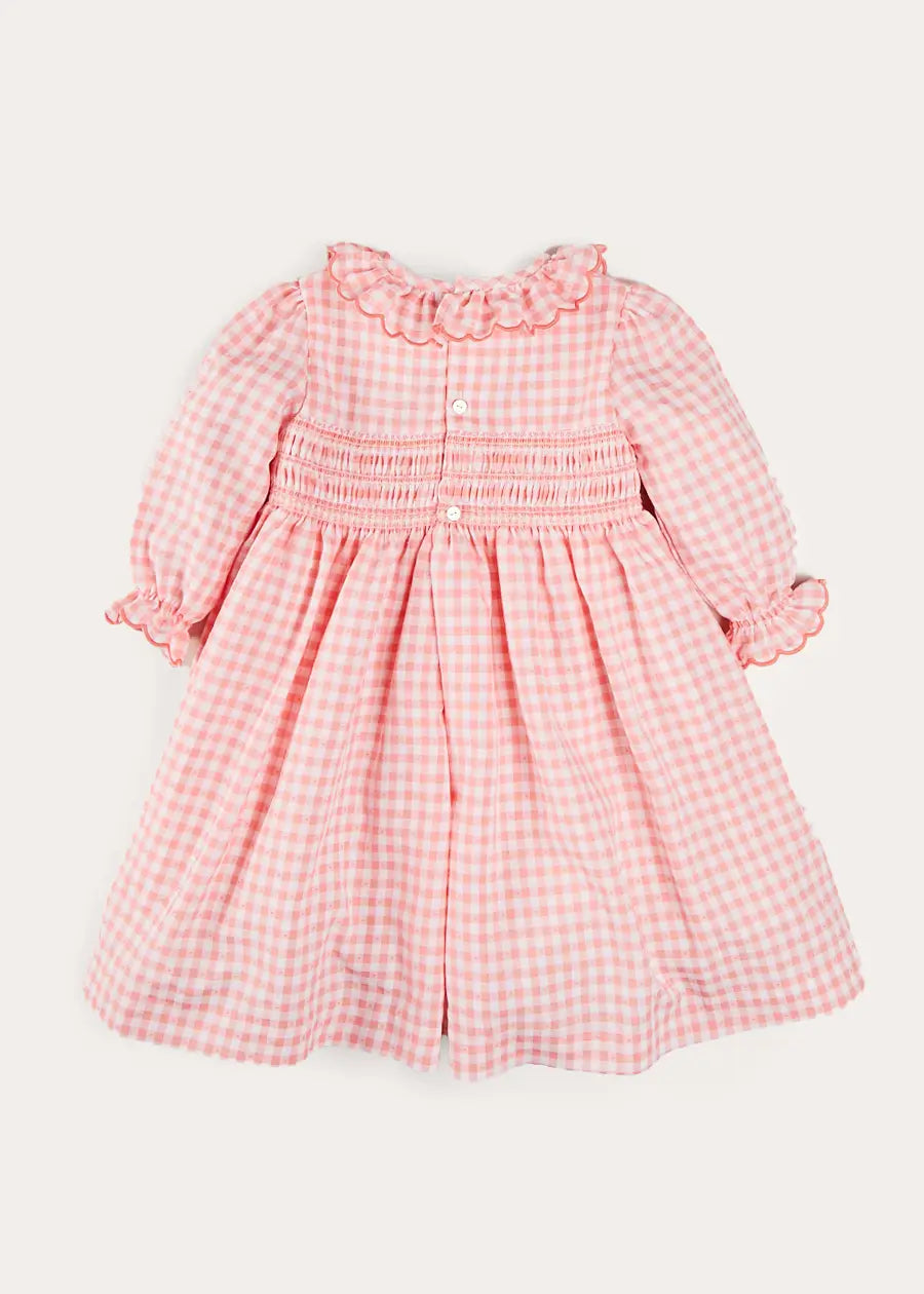 Gingham Smocked Ruffle Collar Long Sleeve Dress for Girls (12 Months - 10 Years) | Coral Floral Print | Perfect for Spring Photoshoots, Easter & Birthday Parties