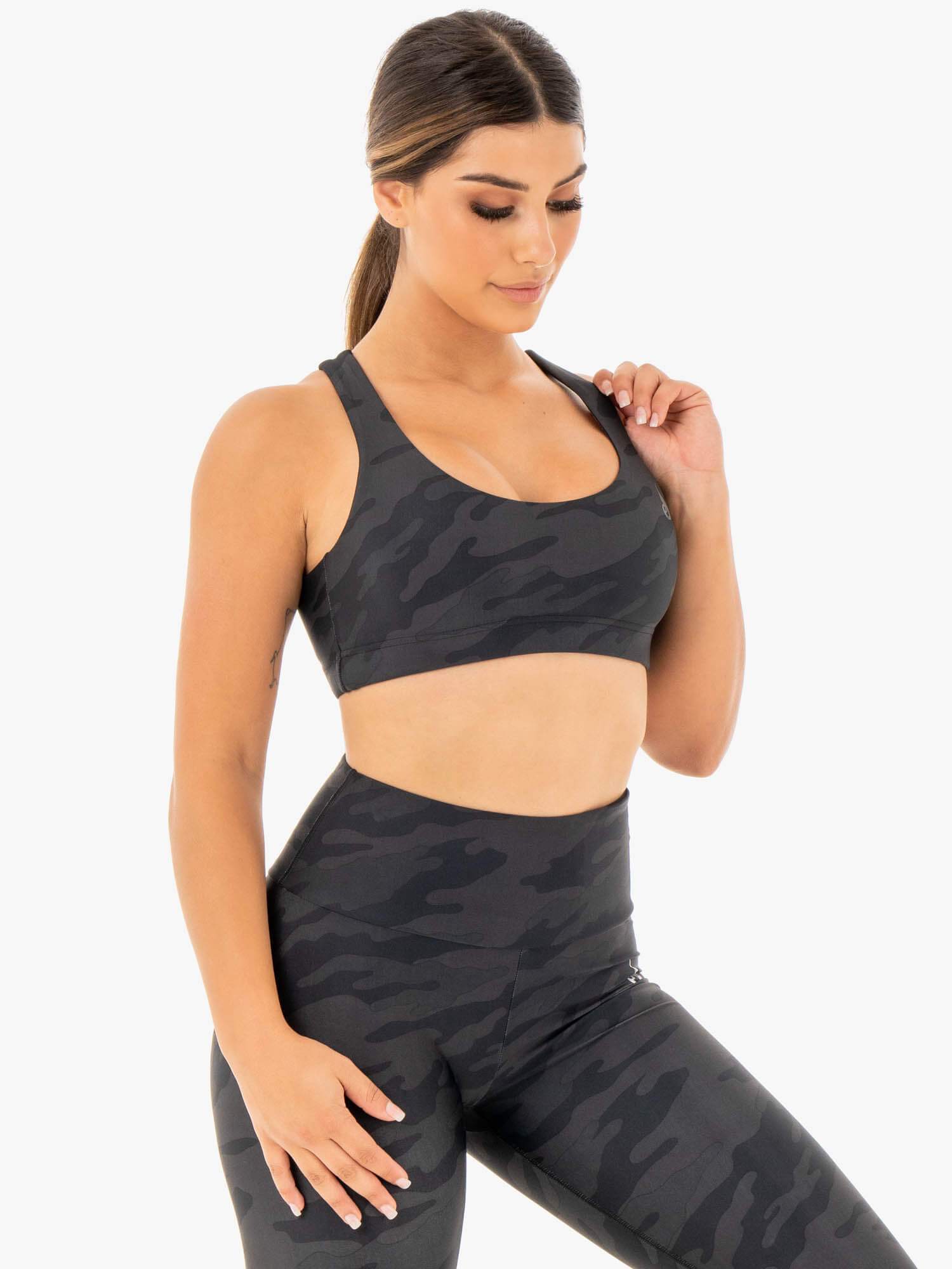 Women's Camo Sports Bra - Black Camo Pattern Workout Top for Running, Yoga & Gym - High Support & Comfort