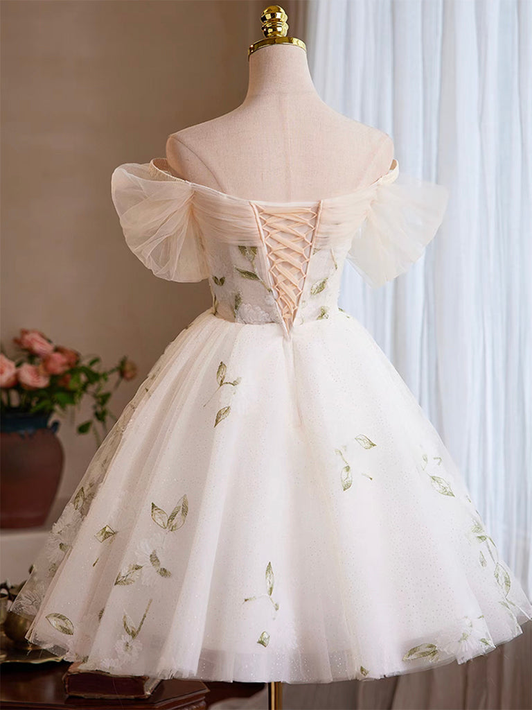 Elegant A-Line Tulle Off-Shoulder Lace Short Prom Dress in Light Champagne - Perfect for Homecoming, Cocktail Parties & Special Occasions
