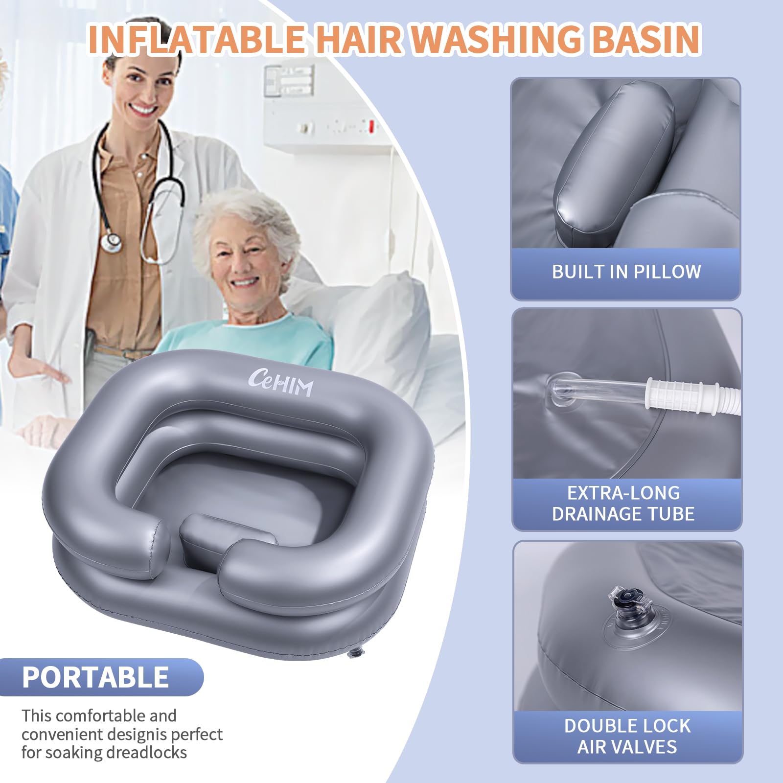 **Portable Inflatable Shampoo Basin for Bedridden & Disabled - Hair Washing Bowl for Home, Salon, or Travel - Silver (Ideal for Dreadlocks, Post-Surgery, and Sink-Free Hair Care)**