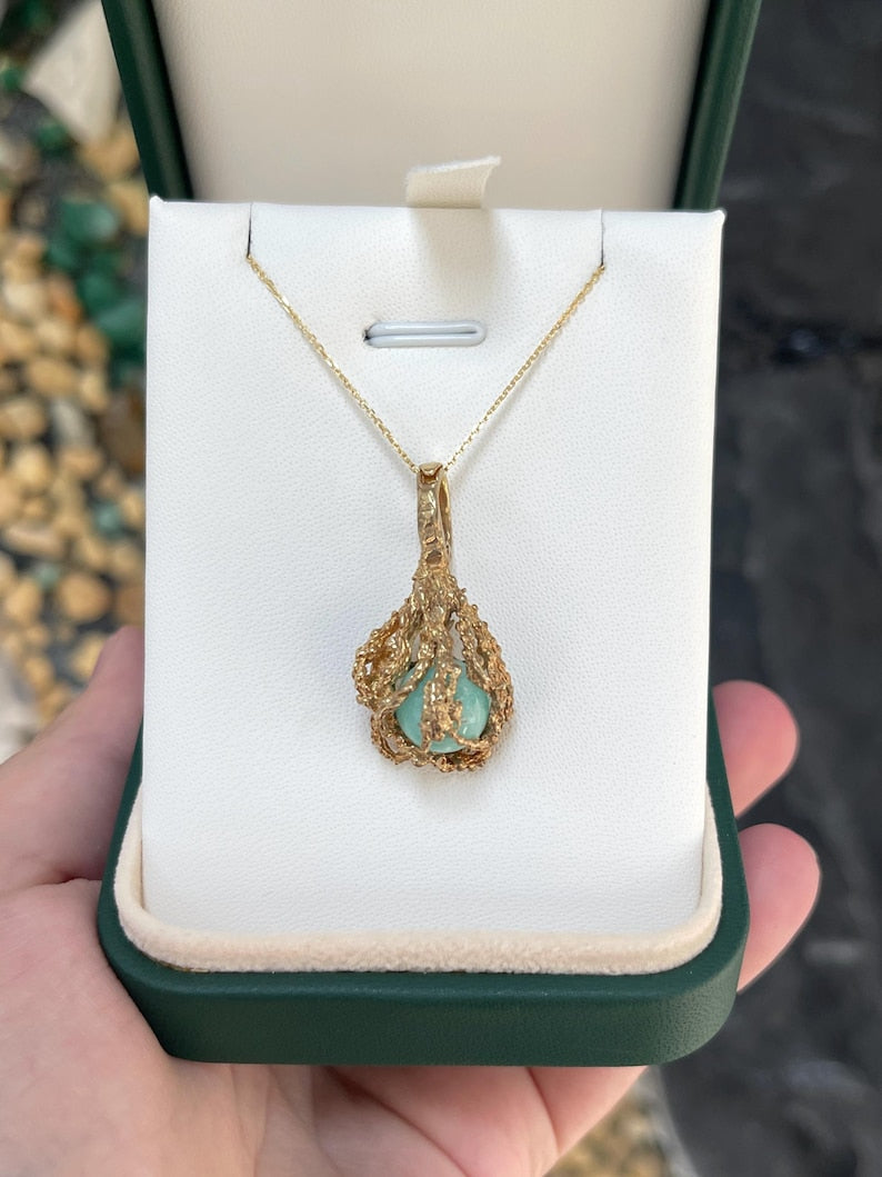6.80 Carat Natural Earth-Mined Emerald Cabochon Nugget Cage Pendant in 14K Yellow Gold - Free Floating Design for Elegant Jewelry & Gift Occasions