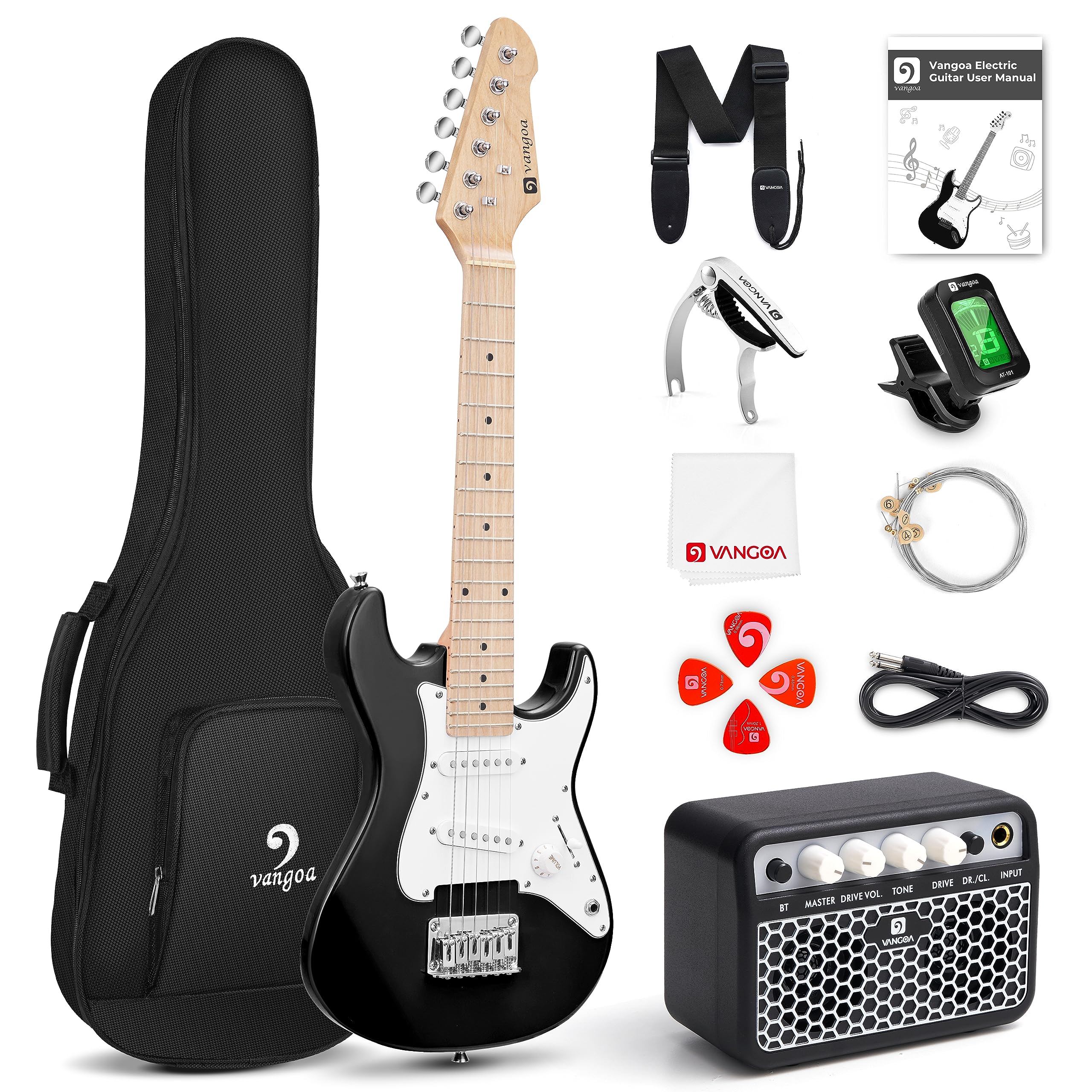 Vangoa 30 Inch Kids Electric Guitar Beginner Kit with Amp, Bag, Strap & Accessories - Perfect for Boys & Girls Learning to Play - Includes Extra Strings, Capo, Tuner, Picks & Cable (Black) - Ideal for Home Practice, Music Lessons & First Performances