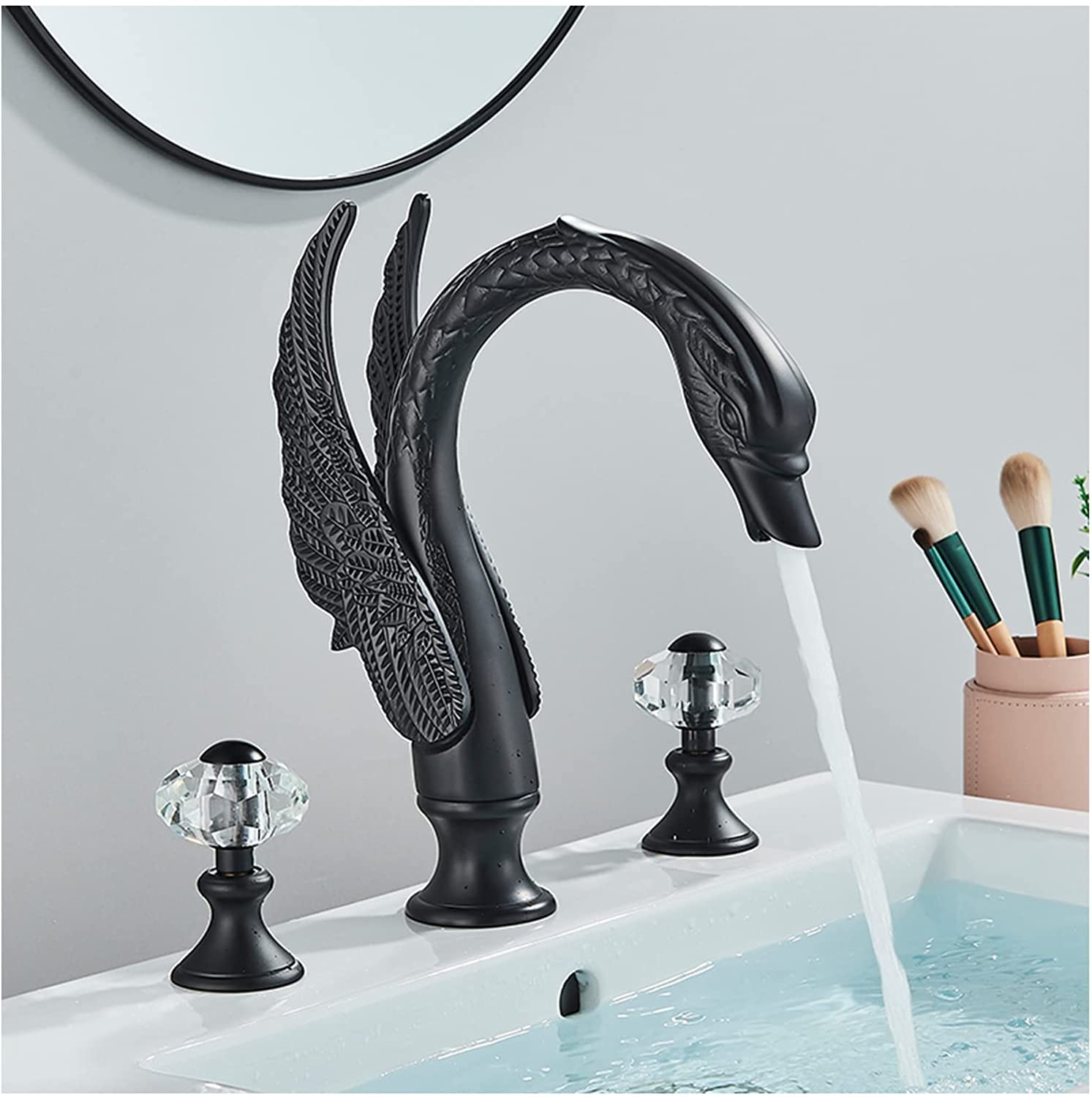 Ksunun Widespread Bathroom Faucet - Elegant Swan Spout Brass Vessel Sink Faucet with Crystal Knob & Double Handle - Perfect for Modern Bathroom Vanity & Powder Room Sink