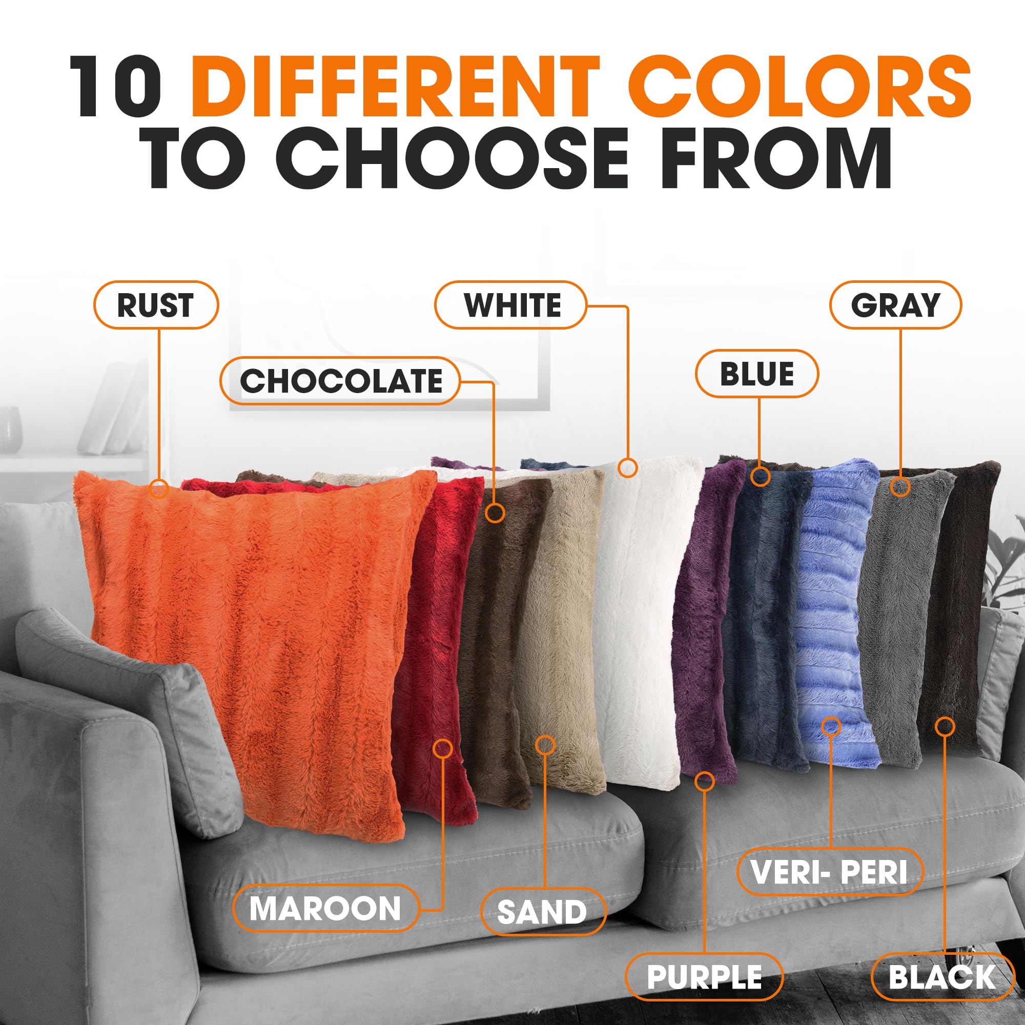Cheer Collection Faux Fur Throw Pillows Set of 2 - 22x22 Inch Soft Decorative Couch & Bed Pillows for Living Room, Bedroom, Rust Accent Home Decor - Cozy Aesthetic Throw Pillows for Sofa, Chair, Dorm & Nursery