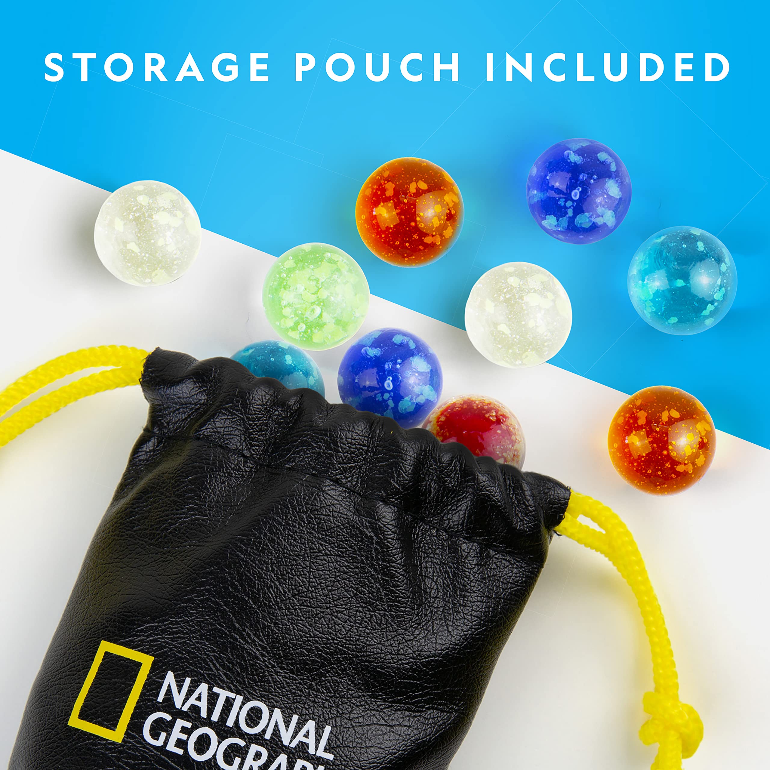 NATIONAL GEOGRAPHIC Glow in The Dark Marbles Refill Pack - 25 Glowing Glass Marbles with Storage Pouch & UV Light | STEM Educational Toys for Kids | Perfect for Marble Runs, Building Sets & Science Experiments | Fun for Night Play & Learning Activities