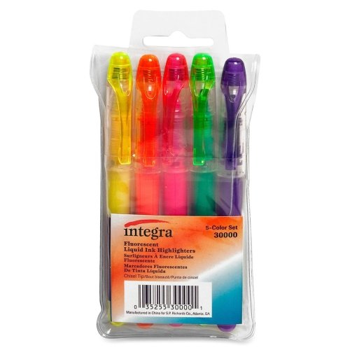 Integra Liquid Highlighters - Chisel Tip, Fluorescent, 5/PK, Wholesale Case of 25 - Perfect for Office, School & Study Notes