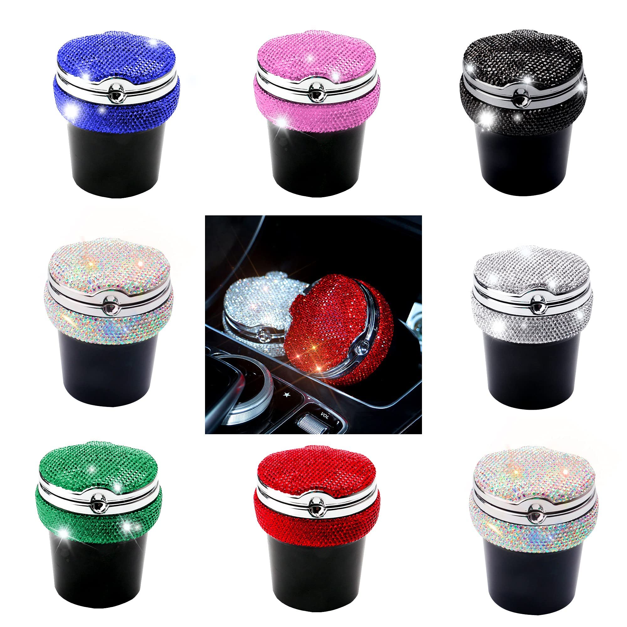 **Portable Smell-Proof Crystal Diamond Car Ashtray with Lid & Light – Bling Pink Auto Accessories for Women – Ideal for Car, Home, and Office (Silver)**    *(Perfect for Travel, Road Trips, and Smoke-Free Spaces – Stylish & Functional Gift for Car Lovers!)*