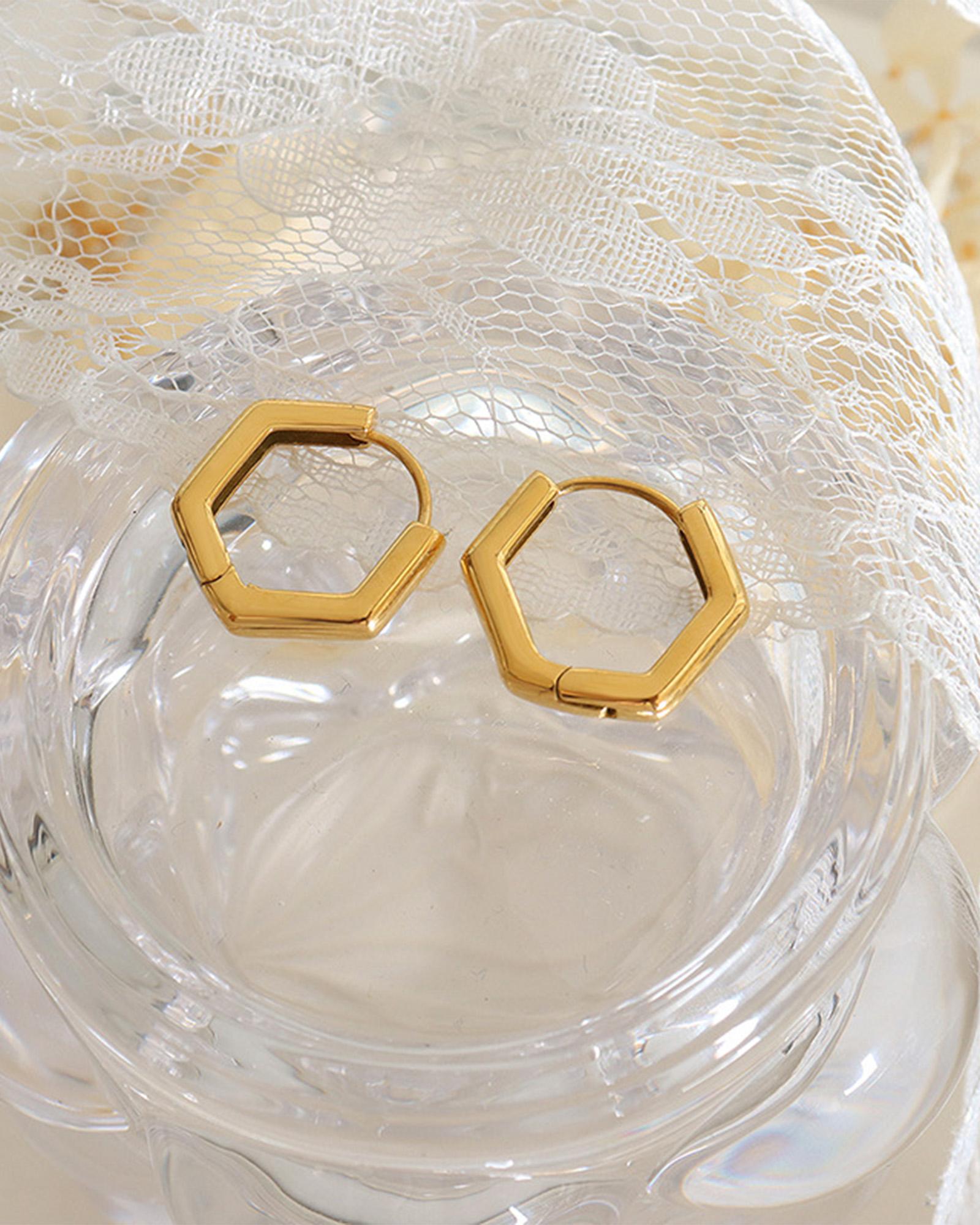 Hex Huggie Earrings Gold - Minimalist Geometric Hoop Earrings for Women, 14K Gold Plated, Dainty Everyday Jewelry - Perfect for Work, Date Night & Gifting