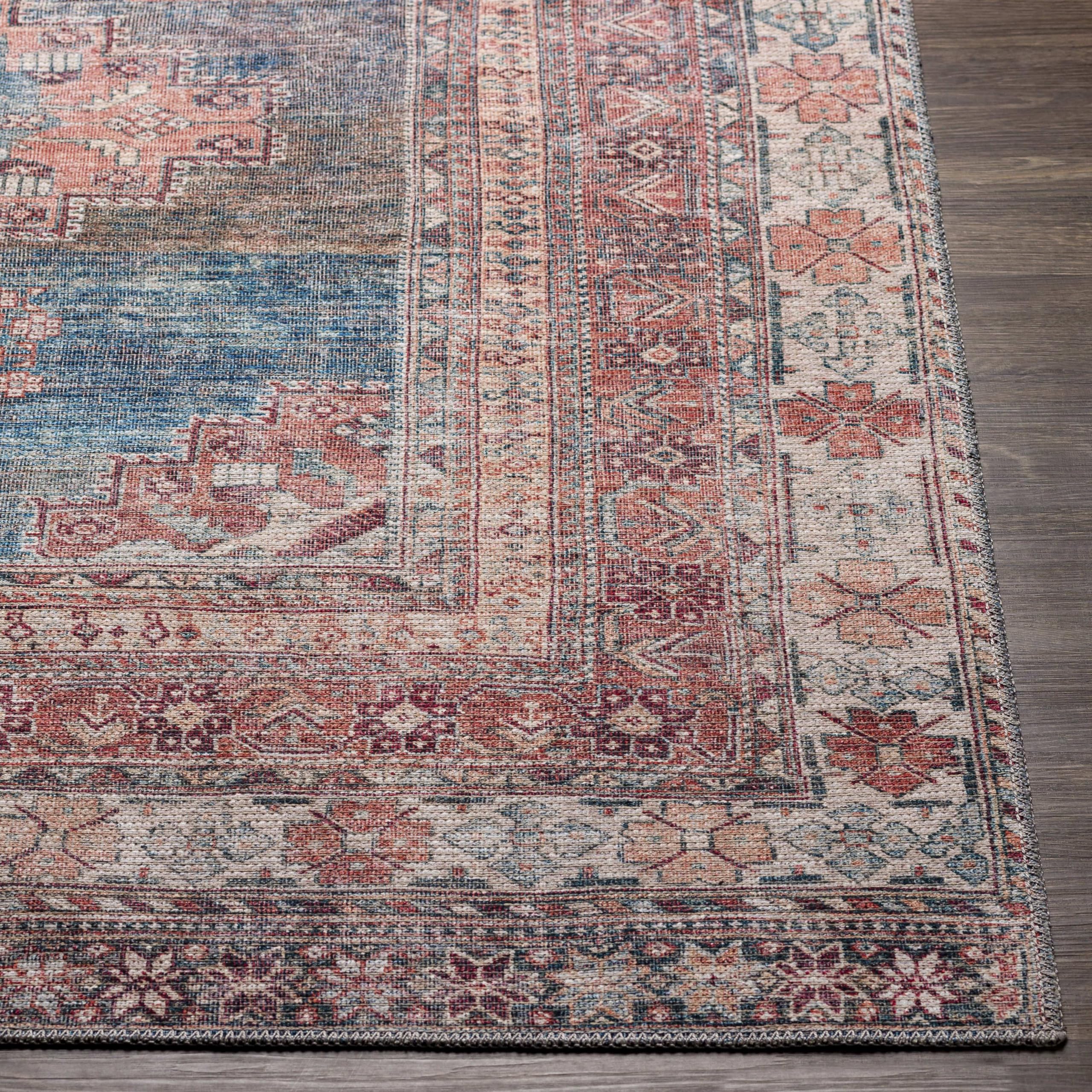 Mark&Day Washable Rugs 6x9 McCordsville Traditional Coral Area Rug - Machine Washable Pink Blue Carpet for Living Room, Bedroom, Kitchen (6'7