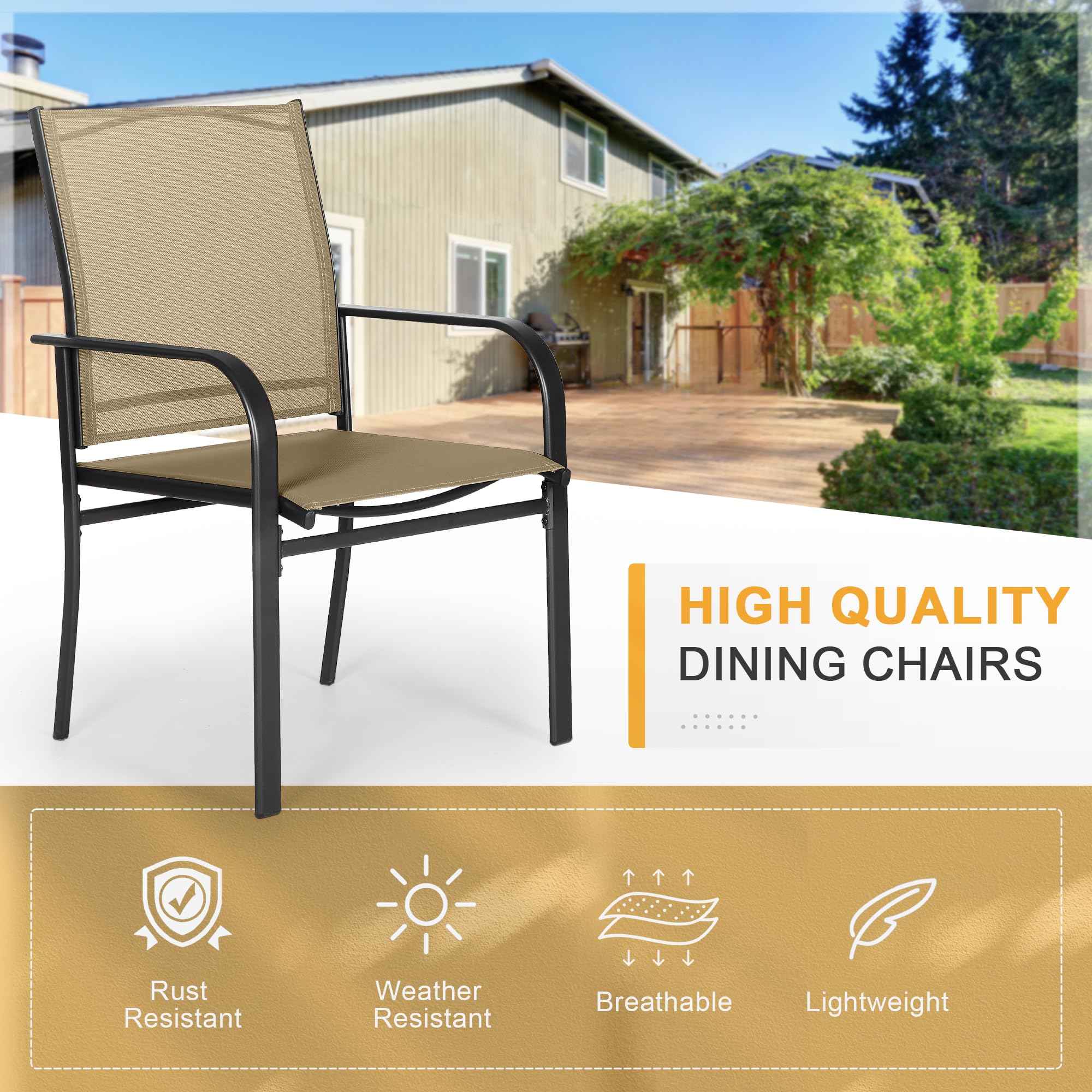 4-Piece Outdoor Wrought Iron Dining Chairs Set - Textilene High Back Patio Chairs with Armrests, Durable Metal Frame Furniture for Yard, Backyard, Lawn & Poolside - Perfect for Outdoor Dining, BBQs & Garden Parties (Brown)
