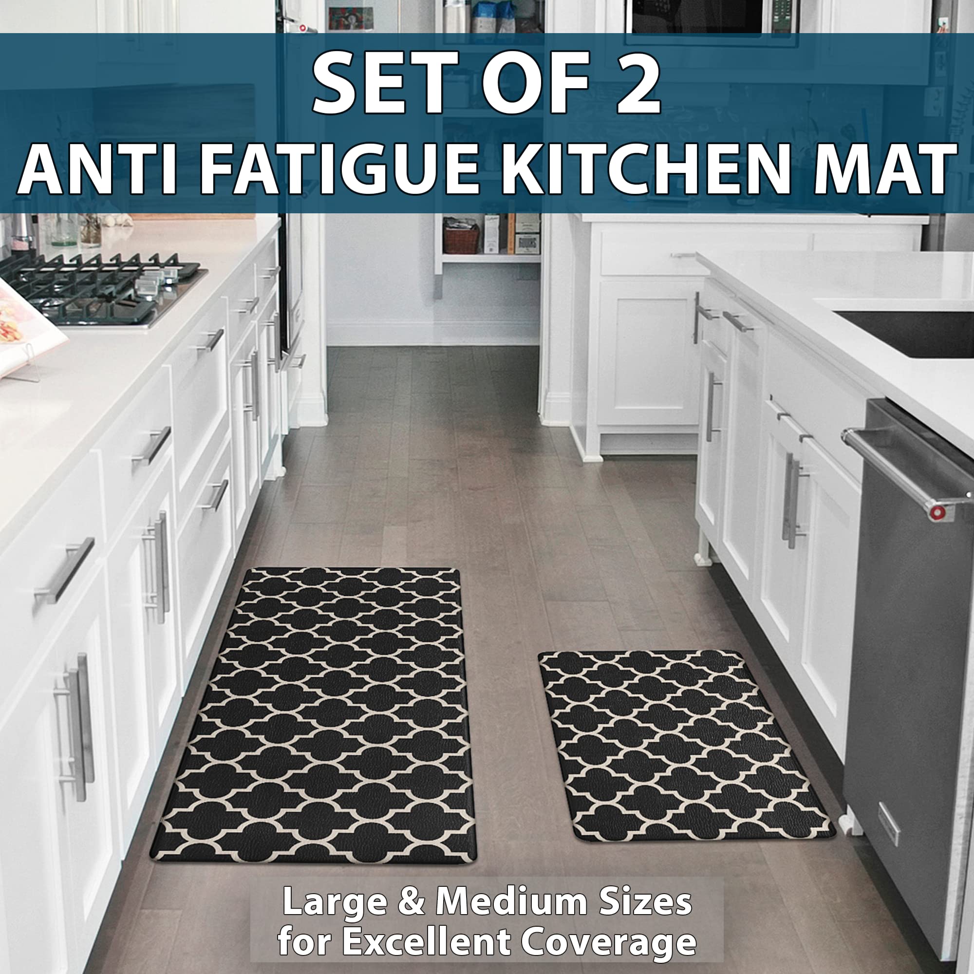 ComfiLife Anti-Fatigue Kitchen Floor Mats (2-Pack) - Thick Cushioned, Waterproof & Non-Slip Standing Mat for Home, Office, Sink & Laundry - Easy to Clean Comfort Rug for Long Standing Hours (Black) - Perfect for Cooking, Dishwashing & Workstation Comfort