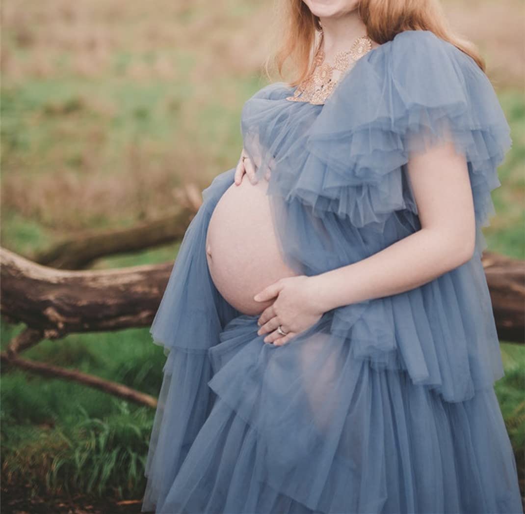 Elegant Tulle Maternity Robe - Off Shoulder Puffy Evening Gown for Baby Shower, Maternity Photoshoot & Special Occasions | Perfect for Pregnancy Announcements, Bridal Showers & Romantic Photo Props