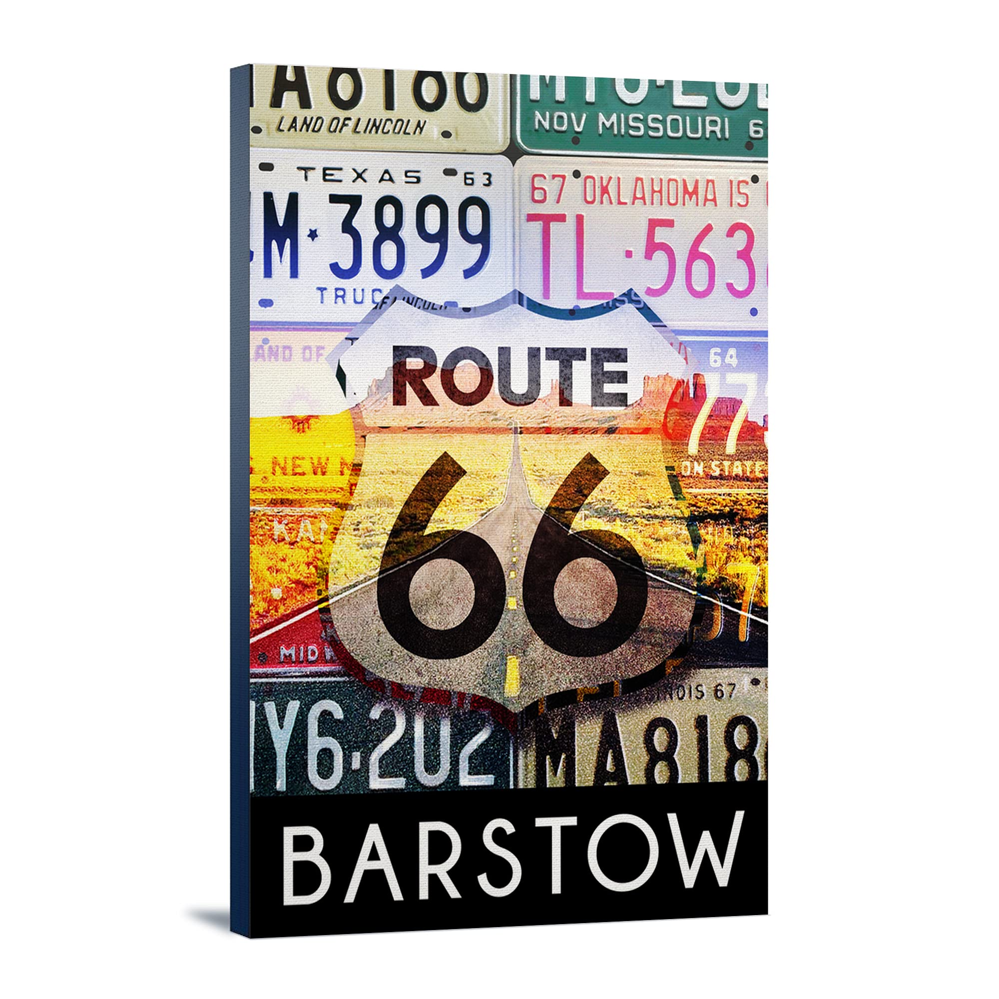 Vintage Route 66 Barstow California License Plate Art - 24x36 Gallery Wrapped Canvas Wall Decor for Home, Office & Man Cave