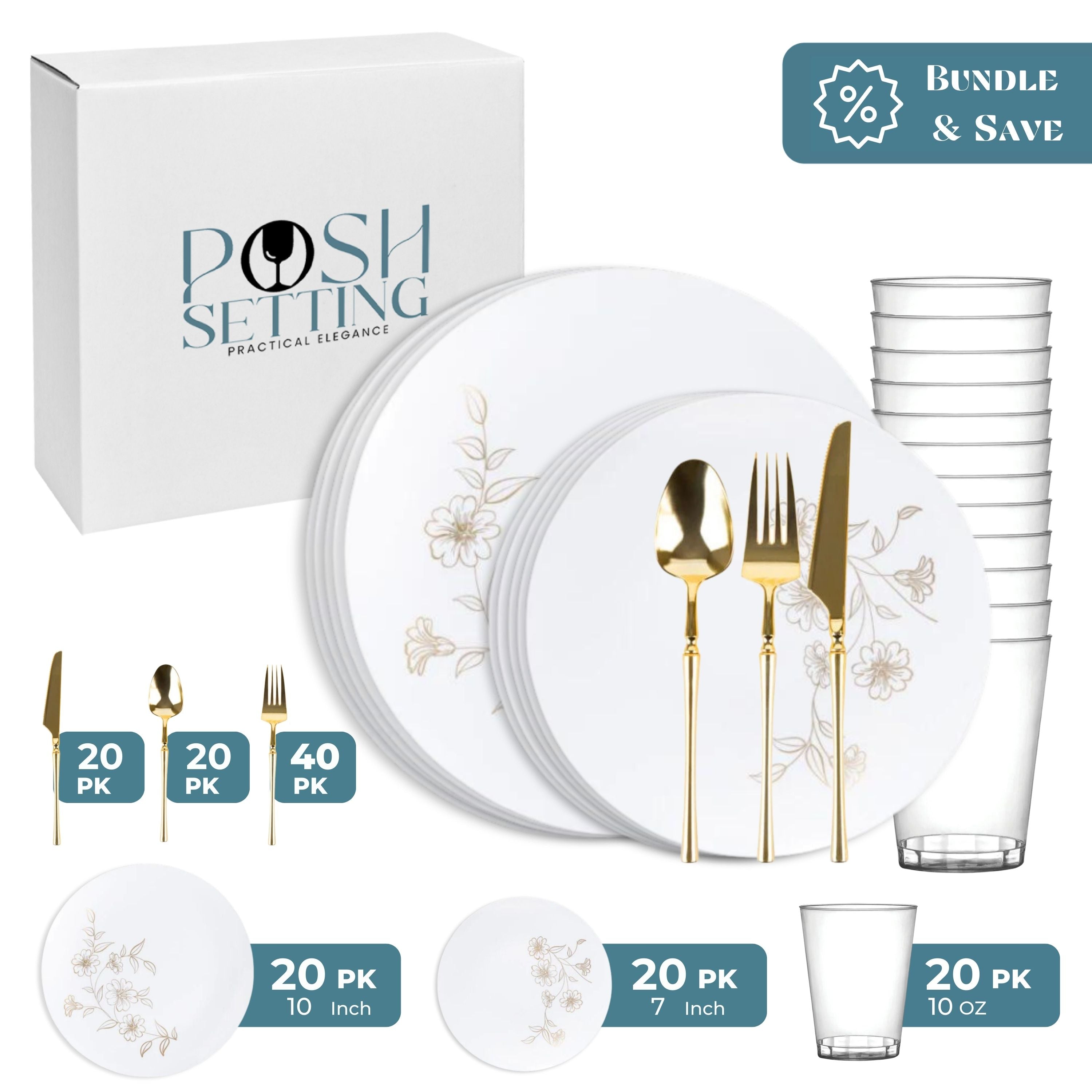White and Gold Plastic Party Bundle - Primrose - Elegant Party Decorations for Weddings, Birthdays, and Special Events