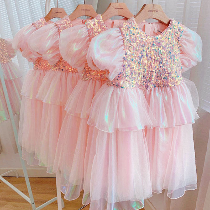 Sparkly Gradient Sequin Baby Girl Dress - Toddler Princess Party Gown with Puff Sleeves for Birthday, Pageant & Special Occasions