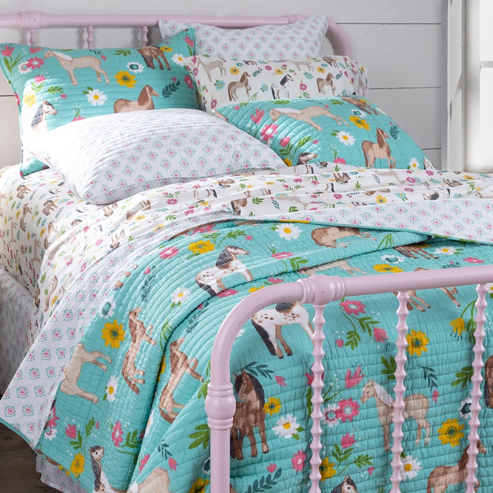Rod's True Western Horse Girls Cotton Quilt - Pony Daisy Flower Design in Turquoise, Pink, Yellow, Brown, Tan, Green & White - Full/Queen Size (86x86 inches) - Perfect for Western-Themed Bedrooms, Guest Rooms, and Cowgirl Decor