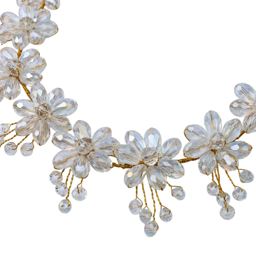 Golden Pearl Floral Hair Vine Headband - Softwrap Hair Accessories with Crystals for Bridal, Wedding, Girls & Women (Free Size) - Perfect for Special Occasions, Prom & Parties