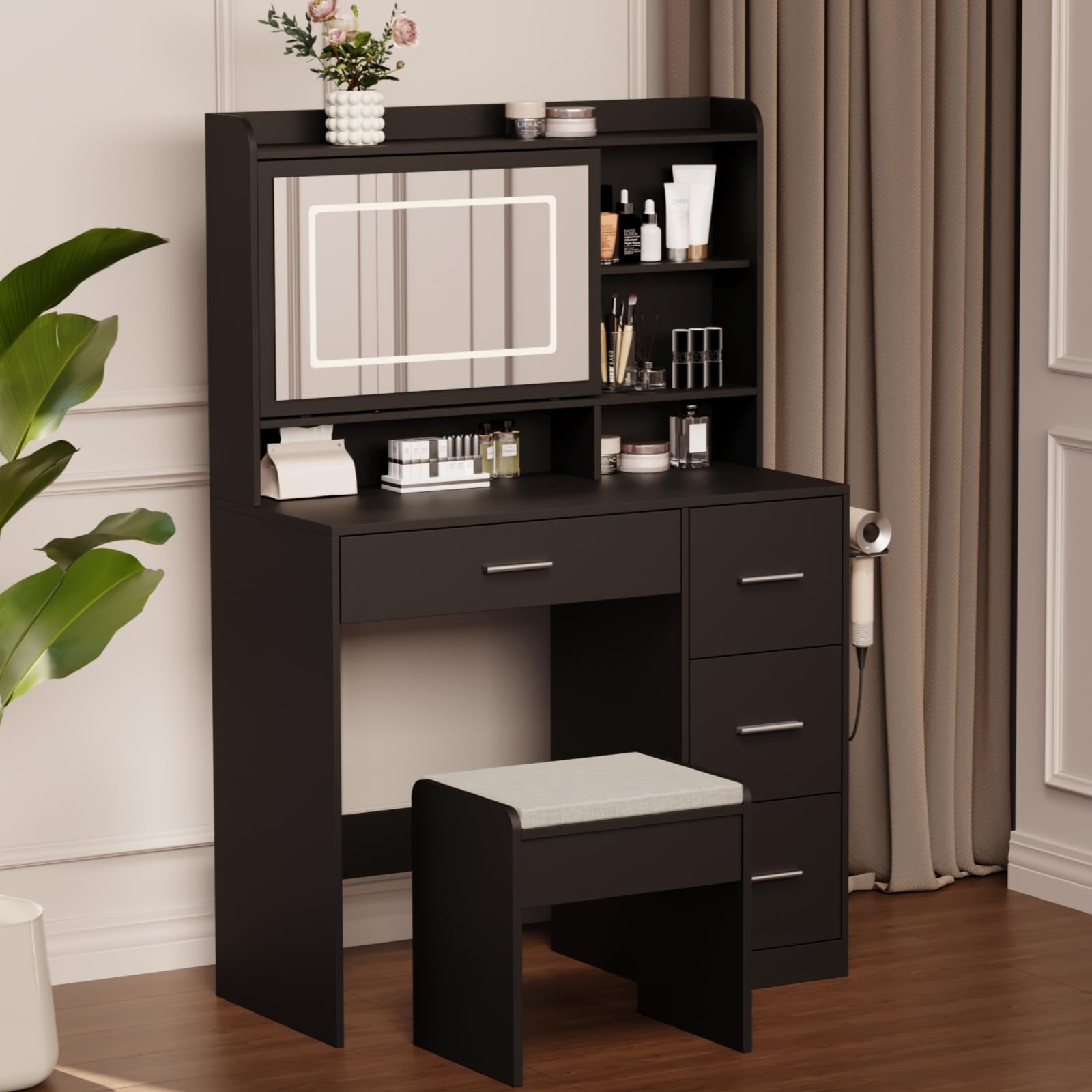 Vanity Desk with Mirror & LED Lights, Adjustable Lighting Modes, Power Outlet & Storage Drawers - Elegant Dressing Table with Stool for Bedroom, Makeup & Beauty (Black) | Perfect for Home Decor, Cosmetics Organization & Vanity Setup