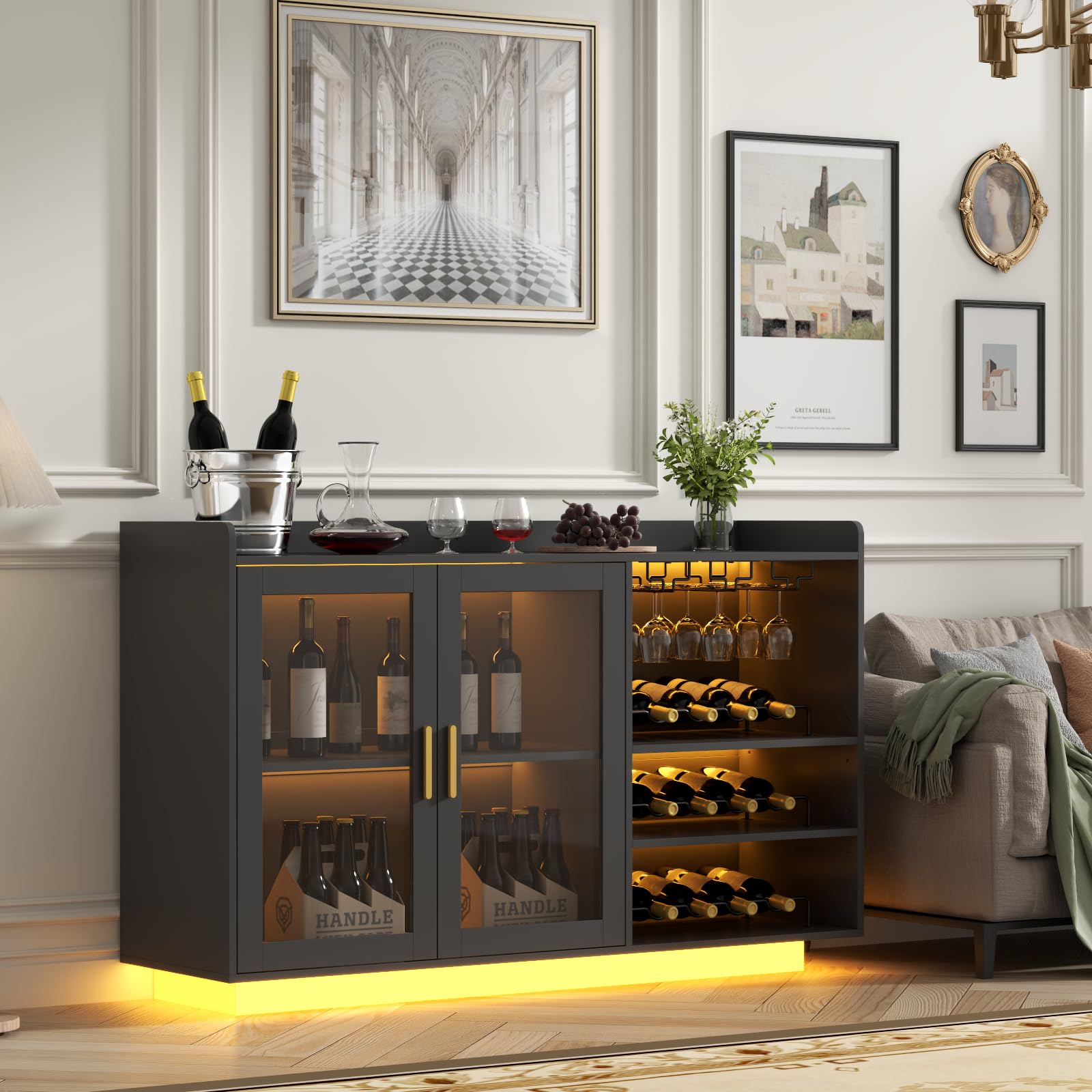 Modern Floating Wine Bar Cabinet with LED Lights - Glass Rack & Removable Wine Racks - Kitchen Buffet Sideboard with Storage Shelves & Glass Doors - Perfect for Home Bar, Dining Room, or Kitchen Counter Organization - Black