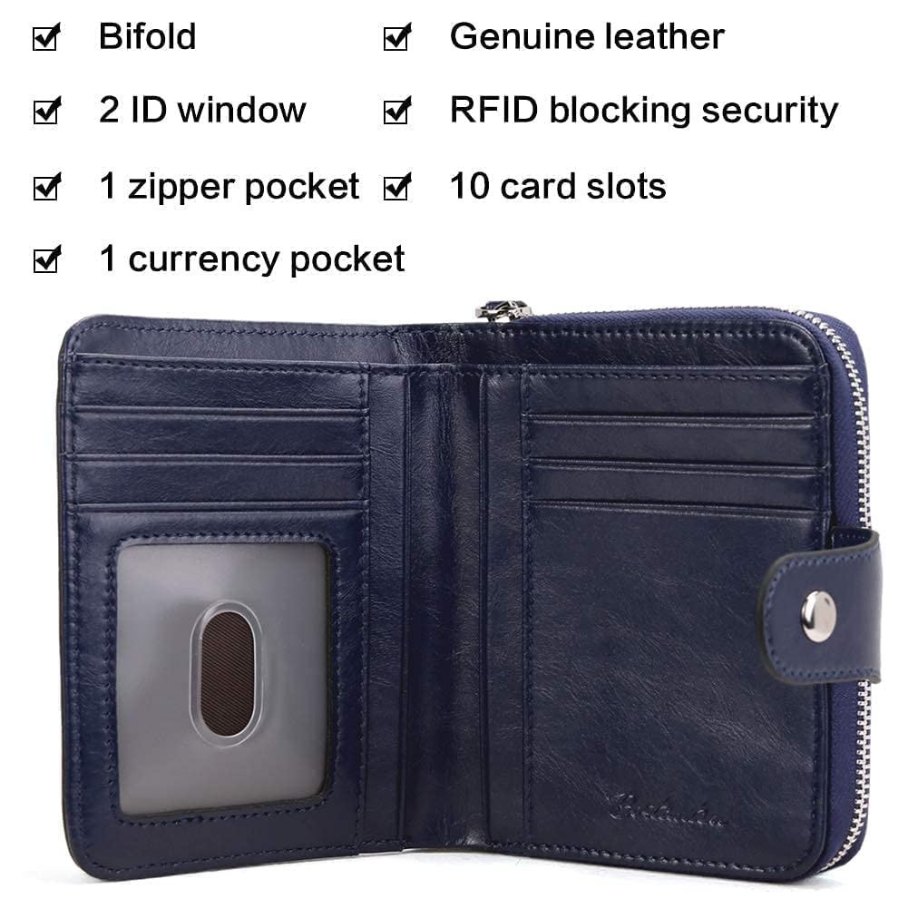 BOSTANTEN Women's Leather Designer Handbag Tote Purse Shoulder Bucket Bag in Navy Blue with RFID Blocking Zipper Pocket - Includes Small Bifold Leather Wallet Card Case - Perfect for Work, Travel and Everyday Use