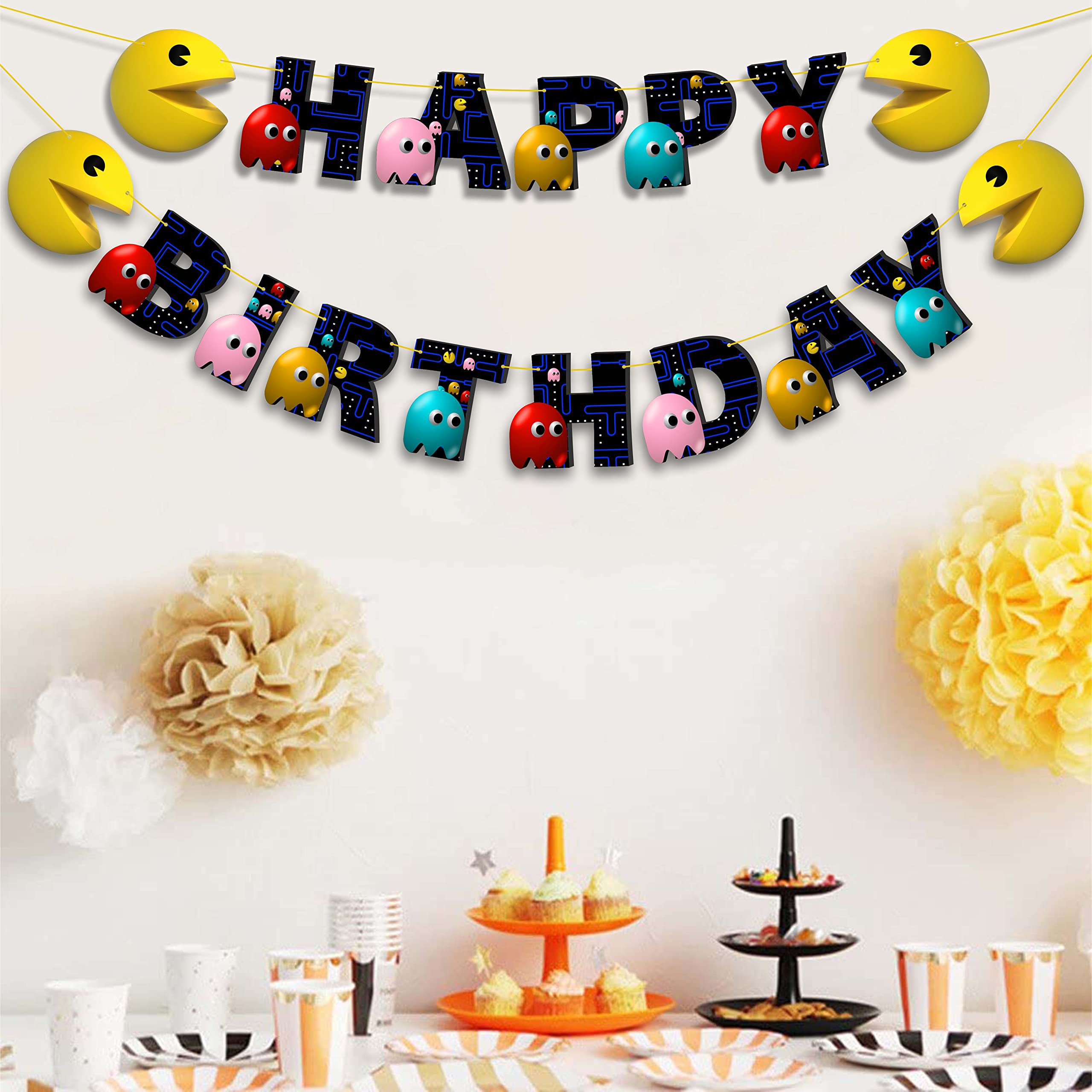Pacmn Ghost Happy Birthday Banner - Halloween Birthday Party Decorations for Kids & Adults - Perfect for Indoor & Outdoor Celebrations