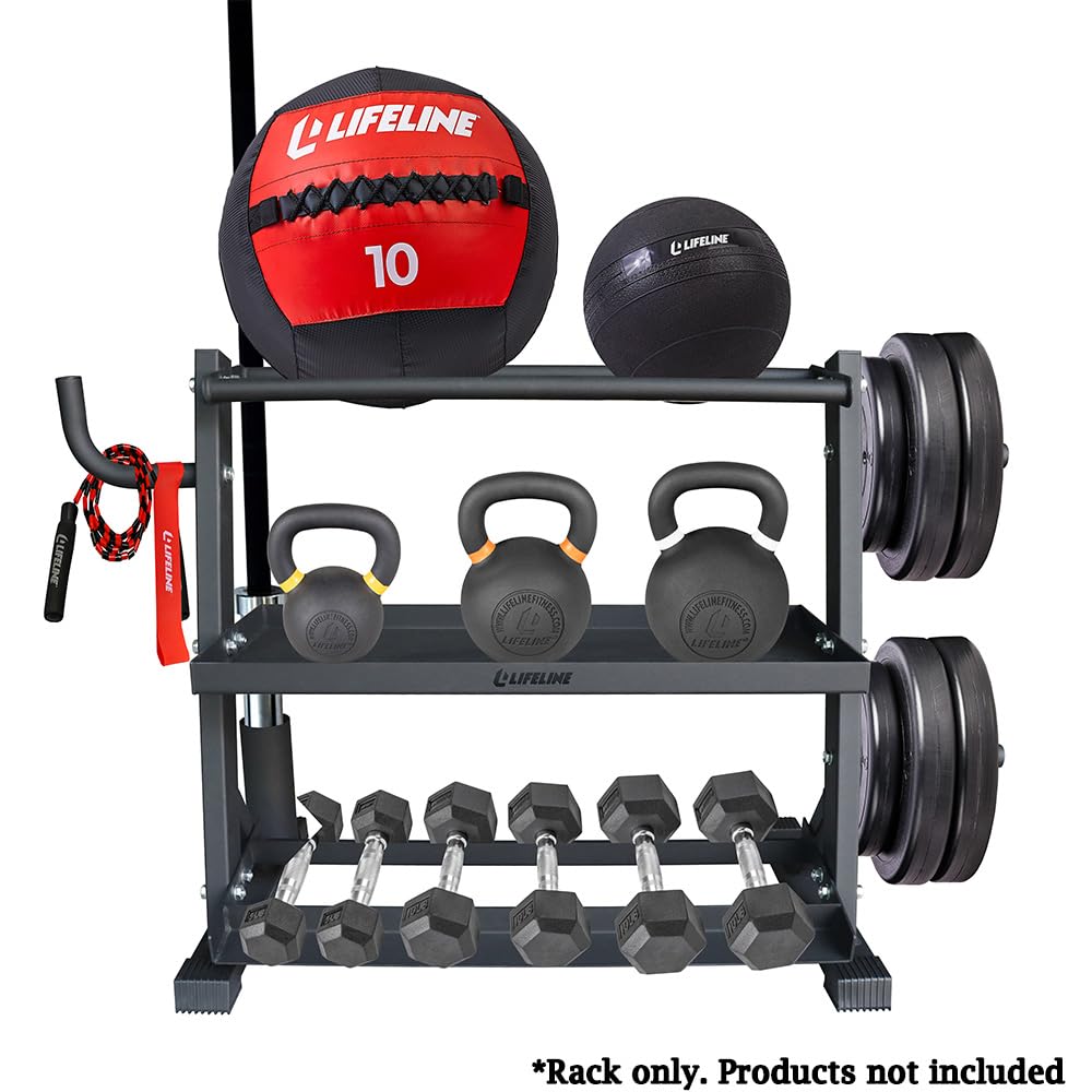 Lifeline Fitness 3-Tier Dumbbell & Kettlebell Storage Rack with Rope Hook - Heavy Duty 440LB Capacity Home Gym Equipment Organizer - Perfect for Garage, Basement & Home Workout Spaces