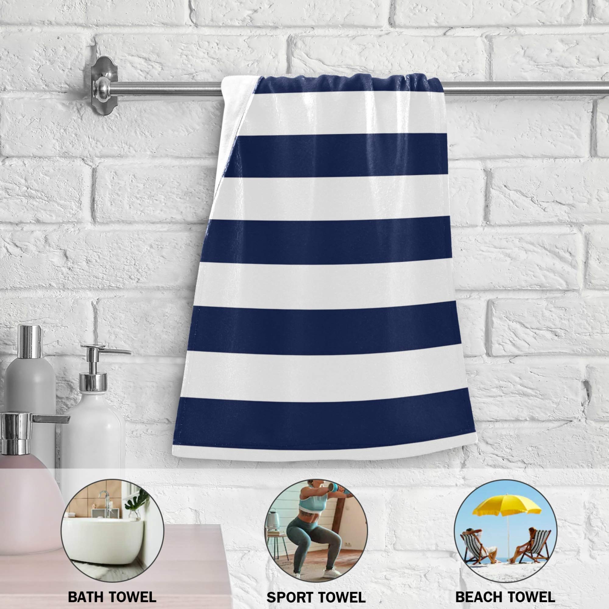 Premium 2-Pack Navy Blue & White Striped Bathroom Hand Towels - 14x28 Inch Soft Absorbent Cotton Towels for Hand, Face, Hair - Perfect for Kitchen, Bathroom & Tea Towel Use
