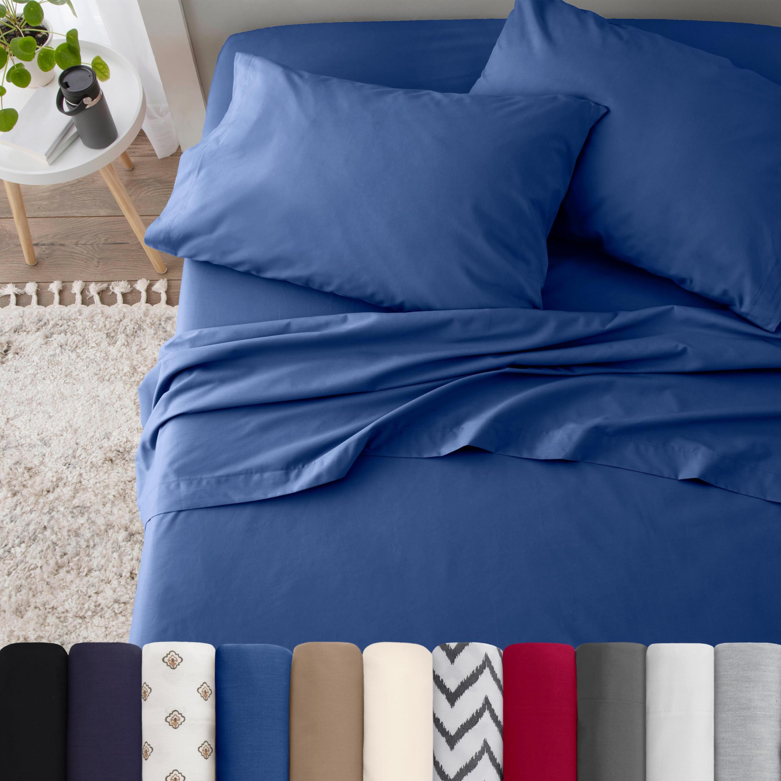3 Piece Twin Sheets Set - Soft Breathable Brushed Cotton Blend Bedding | Wrinkle Resistant & Durable Twin Size Fitted Sheet, Flat Sheet & Pillowcase | Perfect for Kids Rooms, Guest Beds & Dorm Rooms | Lightweight Easy Care Comfortable Sheets in Blue